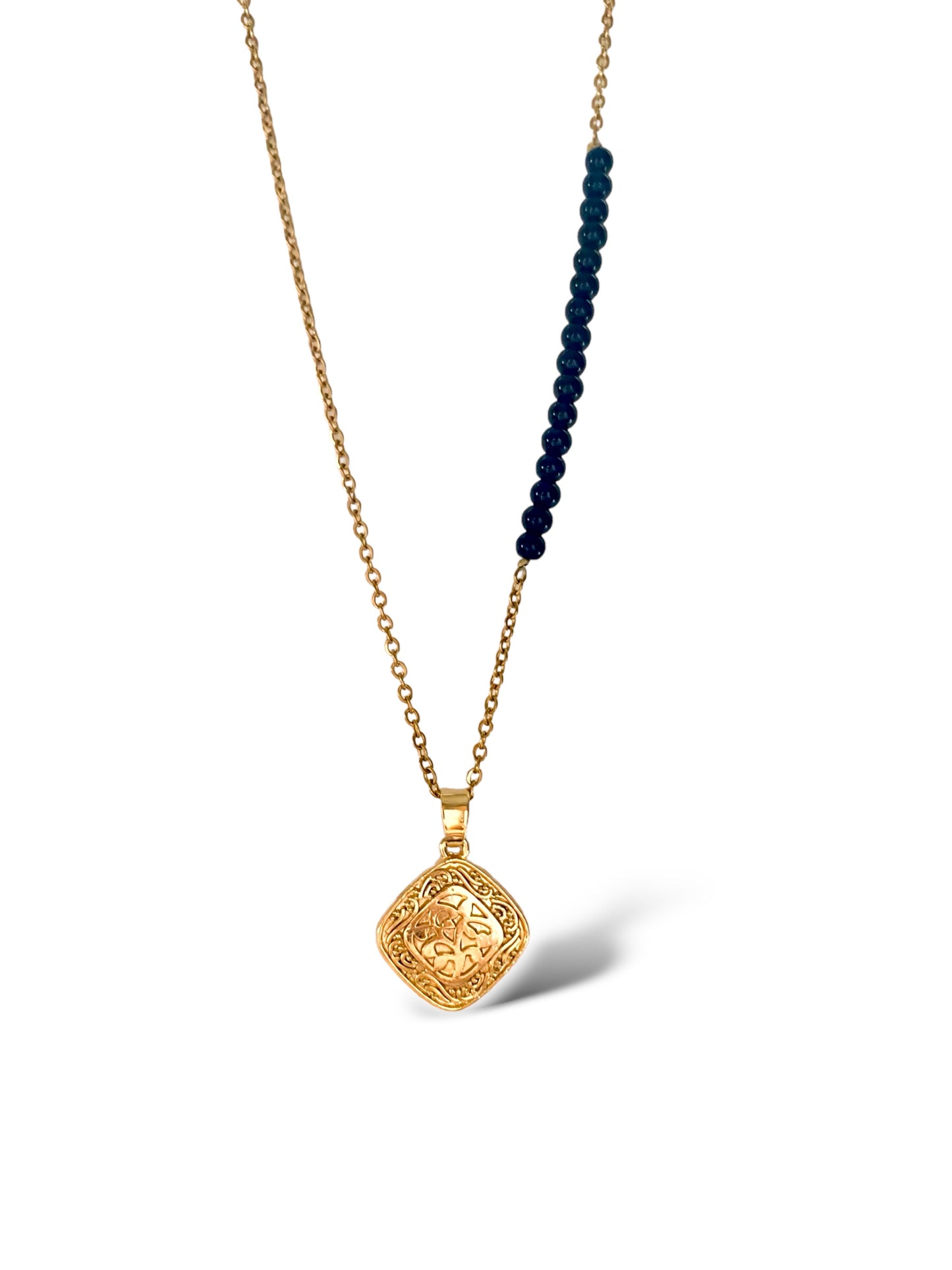 Mandala Necklace-Black Beads, Vermeil Gold