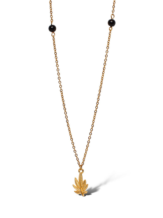 Cannabis-Black Stone Necklace, Vermeil Gold