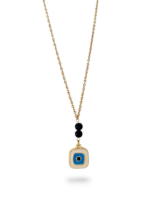Squared White Evil-Eye Necklace, Vermeil Gold.