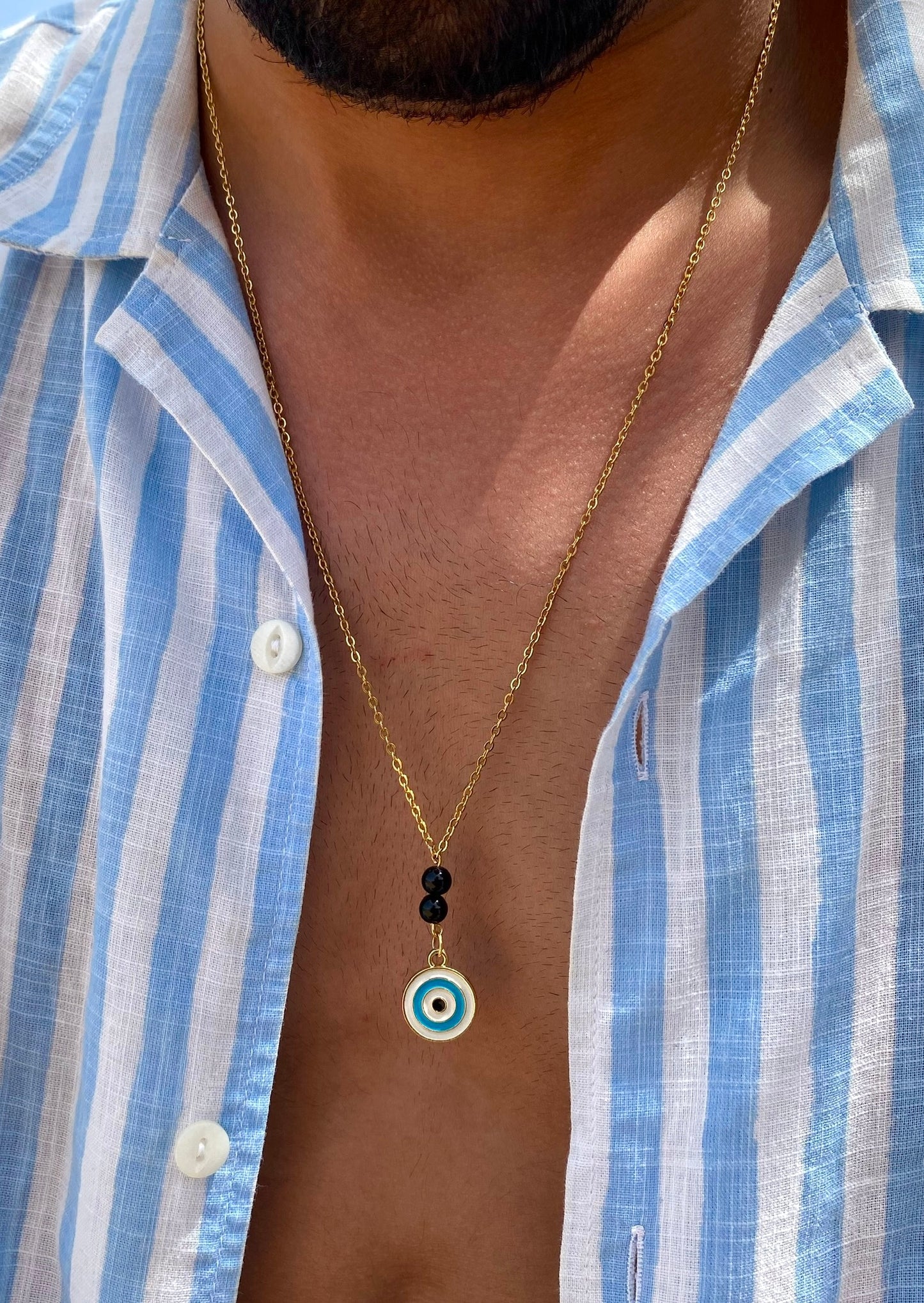 Circular White Evil-Eye Necklace, Vermeil Gold.