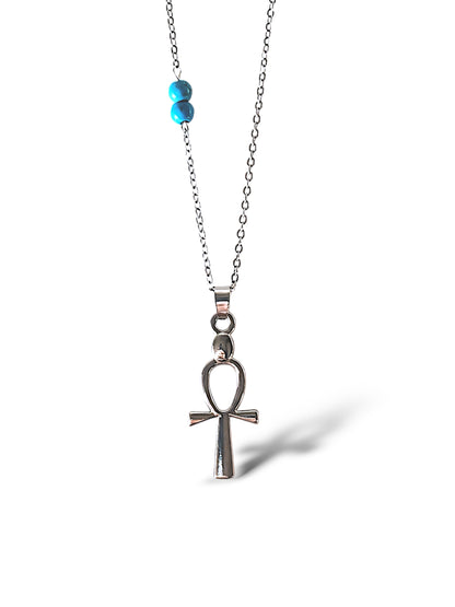 Ankh-Blue Stones Necklace, Sterling Silver