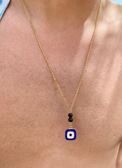 Squared Blue Evil-Eye Necklace, Vermeil Gold.