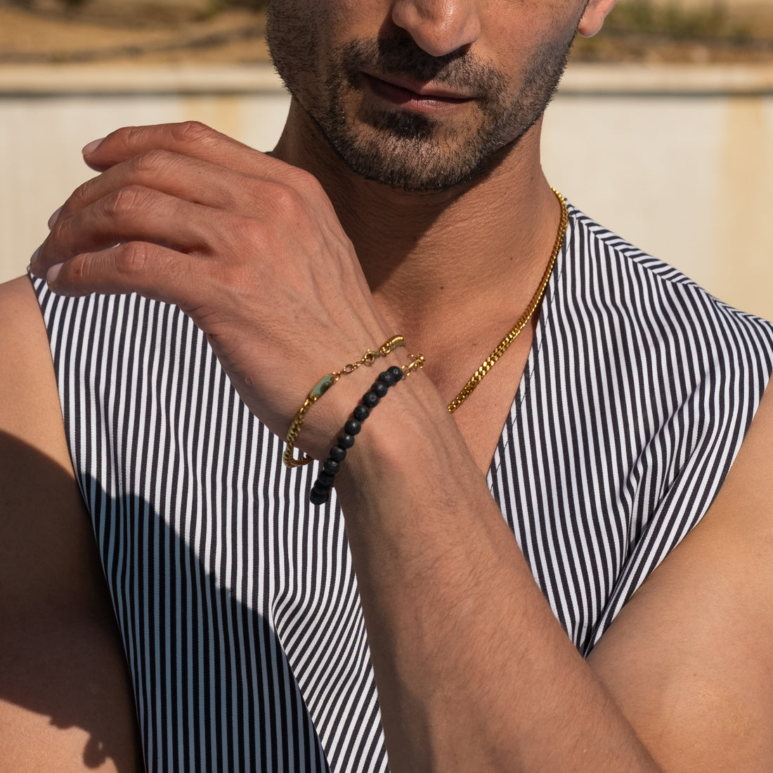GENTS. Black Volcanic Stone Bracelet Gold Vermeil detail Cairo Egypt