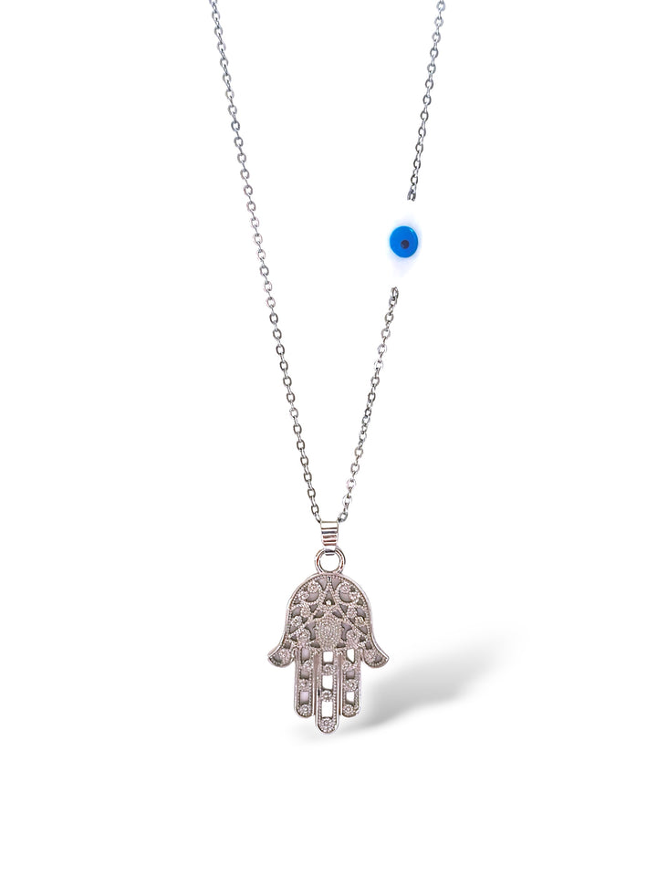 Hamsa-Evil Eye Necklace, Silver.