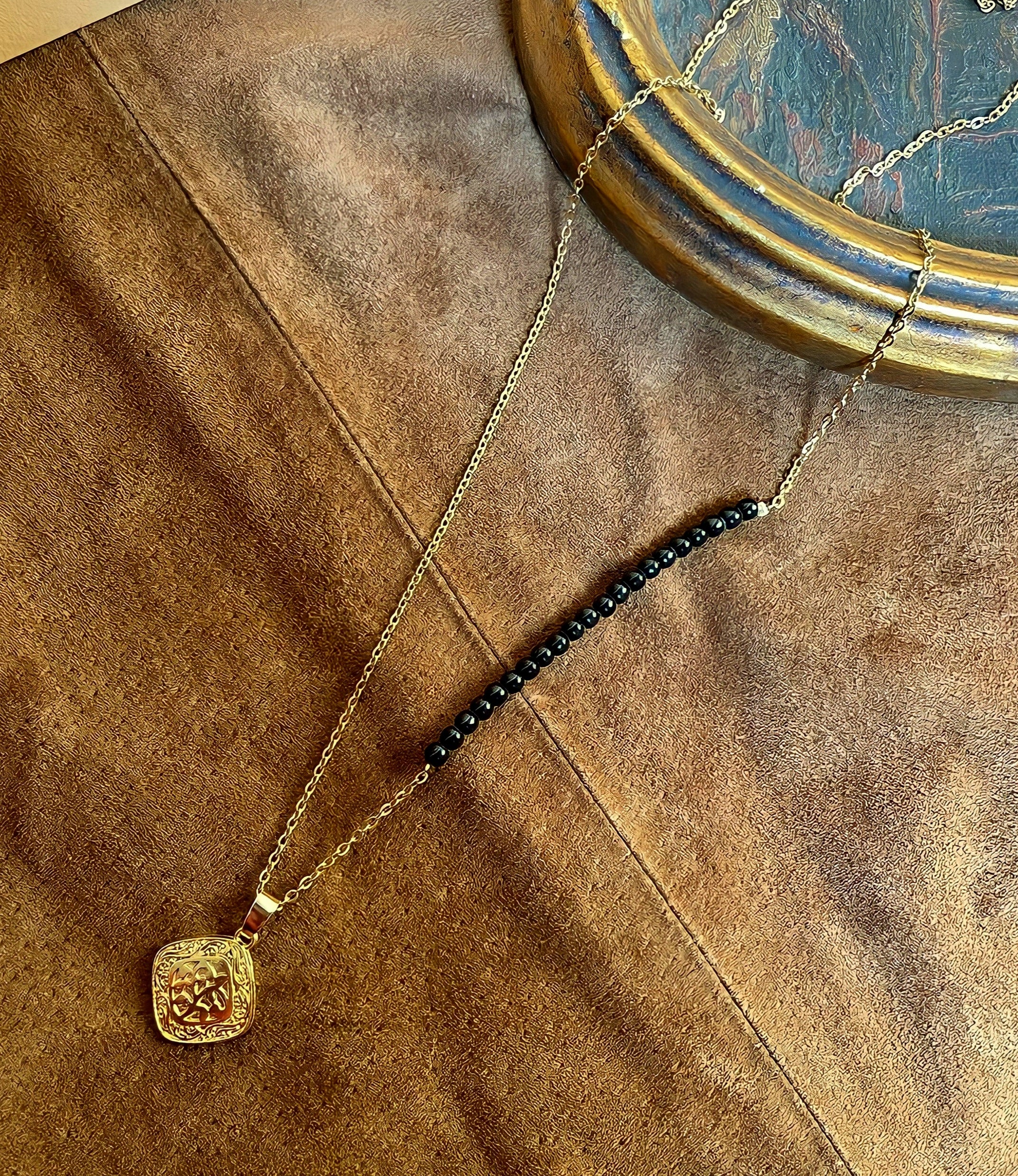 Mandala Necklace-Black Beads, Vermeil Gold.