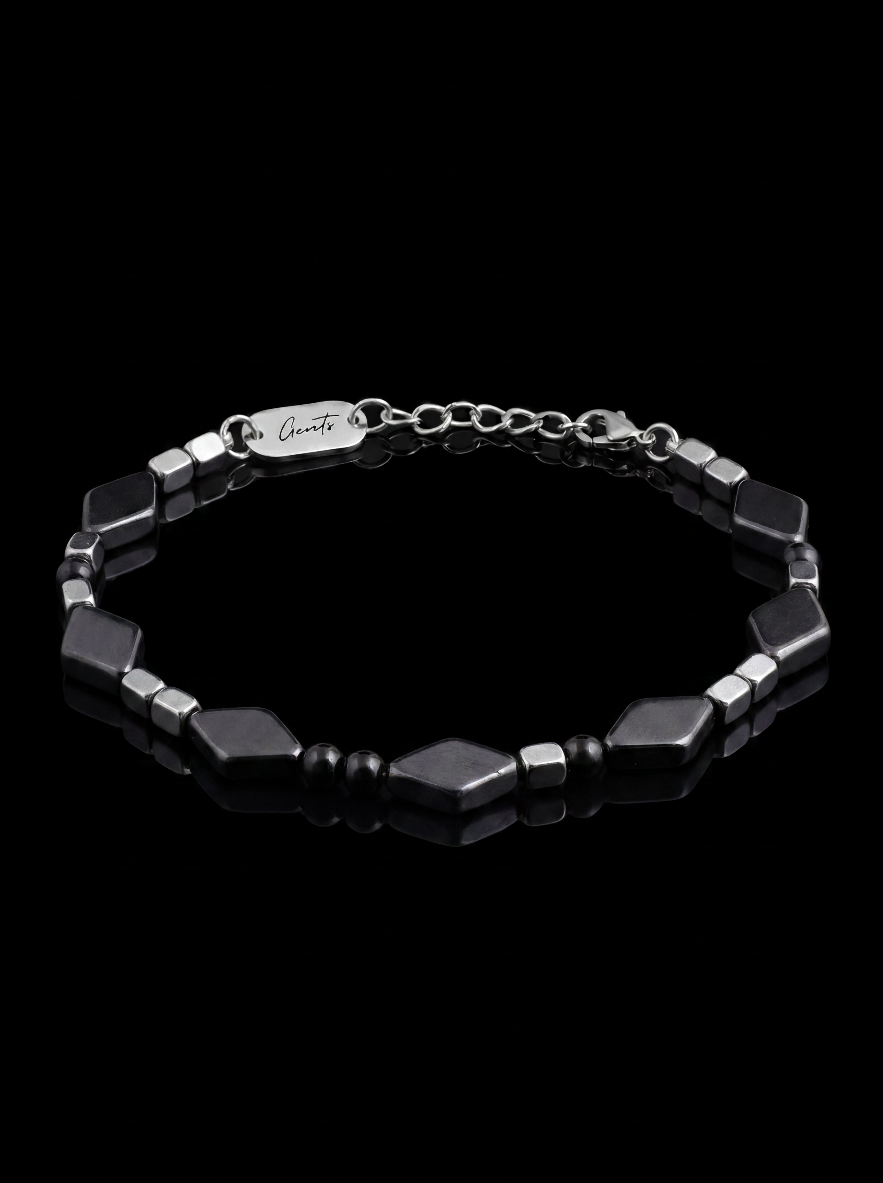 GENTS. Metropolitan Midnight Stone Bracelet Black Diamond Cut Stones Silver Spacers 316L Stainless Steel Free Size 17-22cm Cairo Egypt