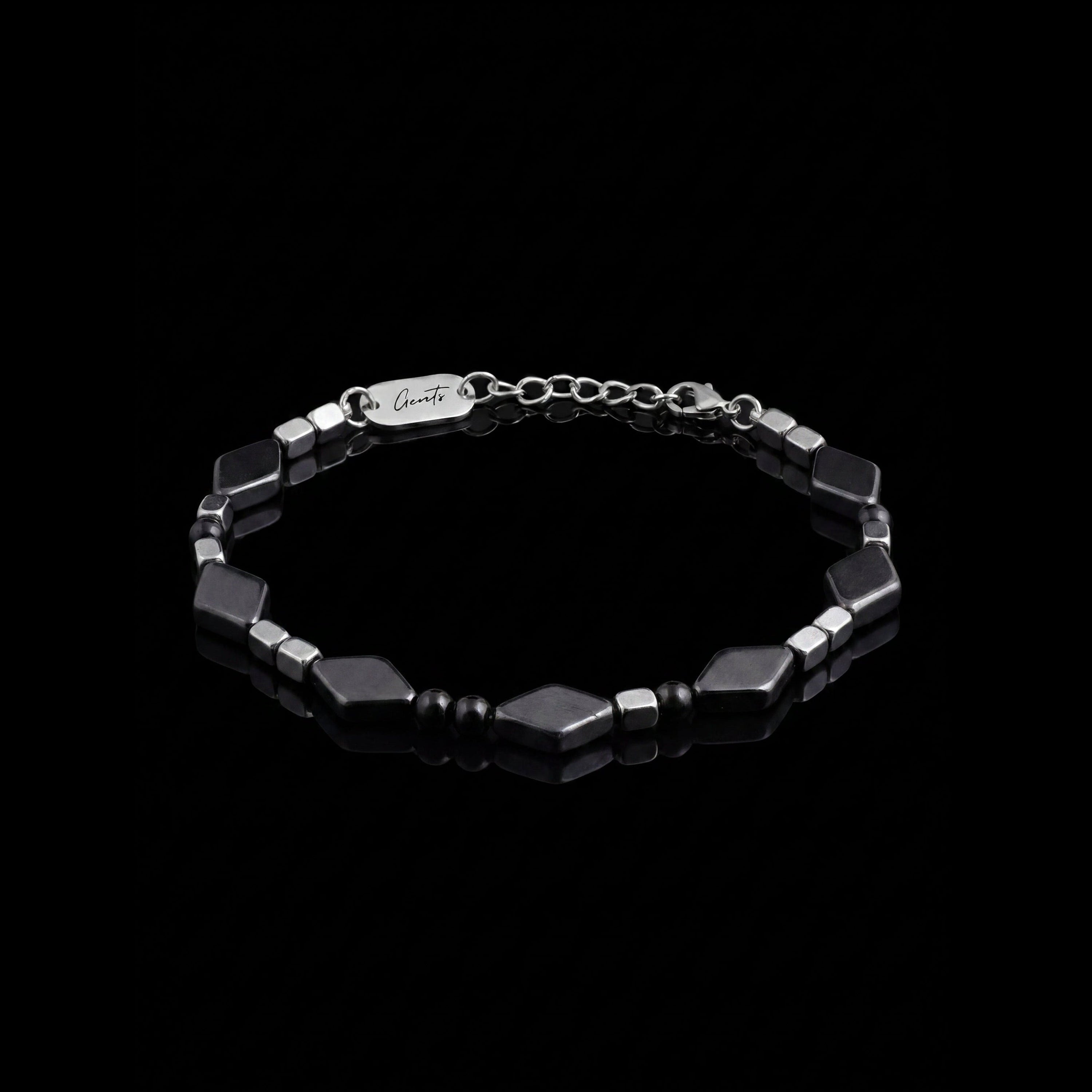 GENTS. Metropolitan Midnight Stone Bracelet Black Diamond Cut Stones Silver Spacers 316L Stainless Steel Free Size 17-22cm Cairo Egypt