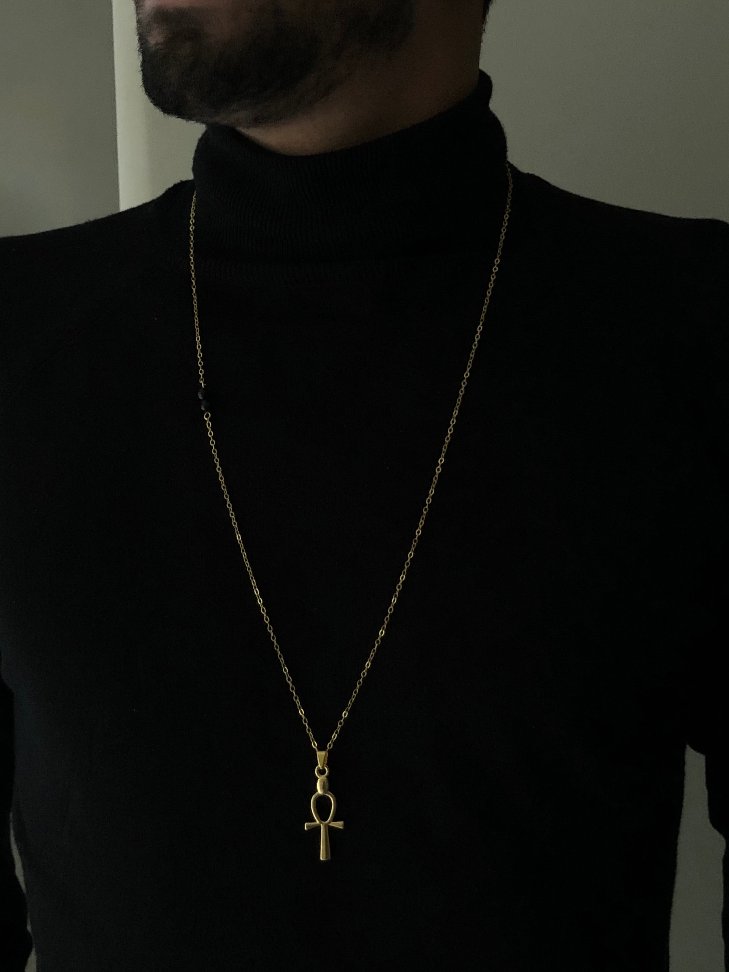 Ankh-Black Stone Necklace, Vermeil Gold