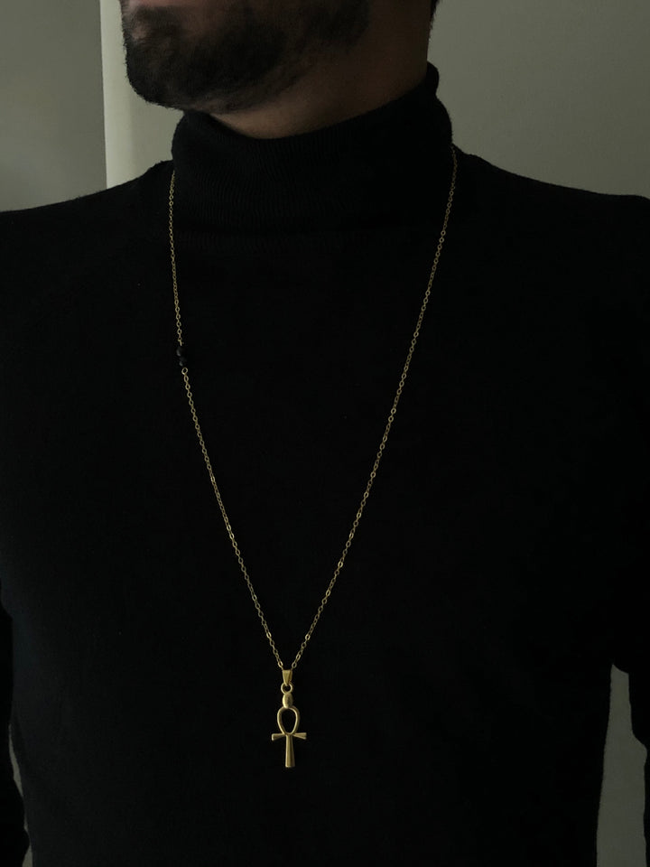 Ankh-Black Stone Necklace, Vermeil Gold