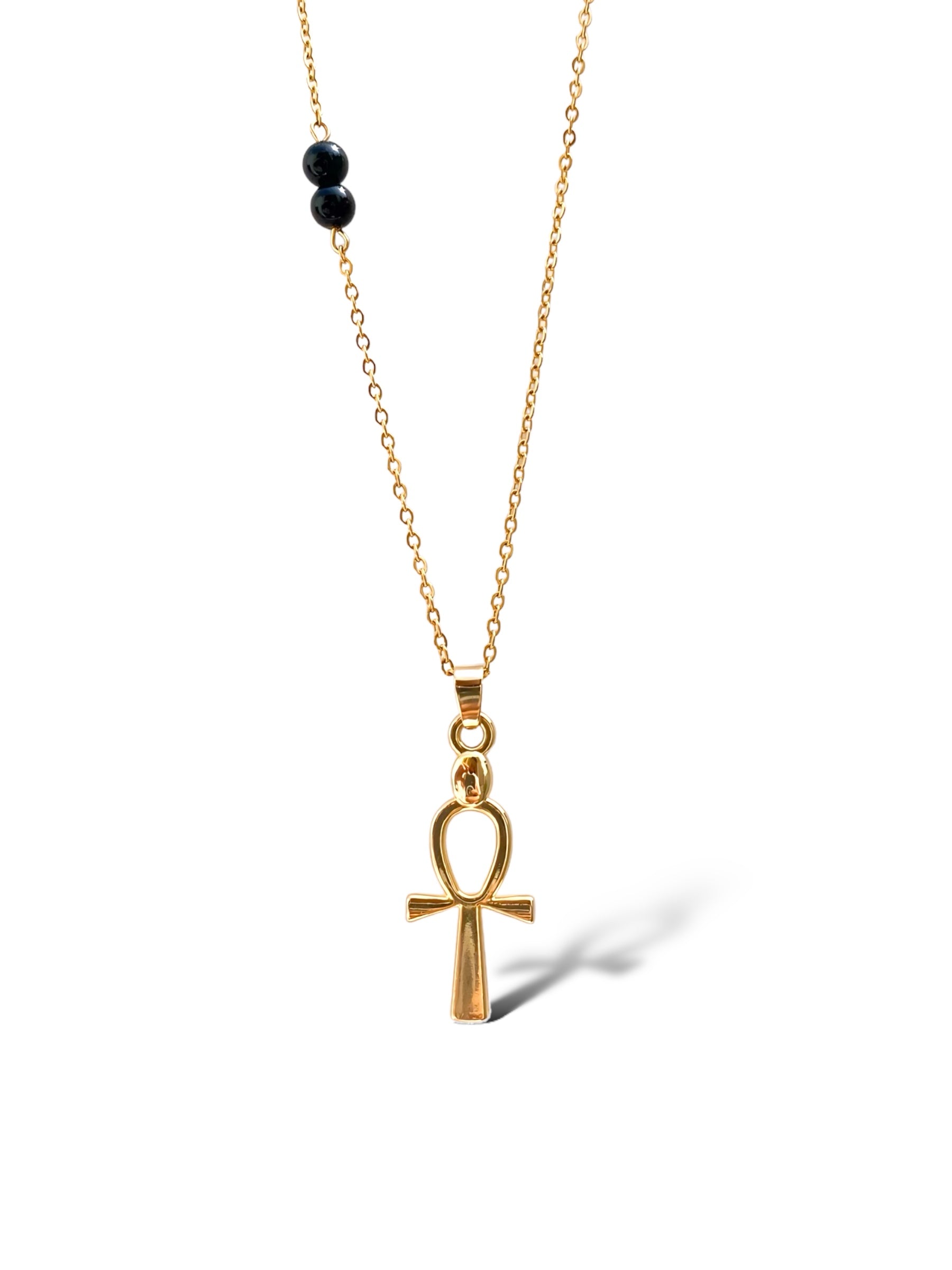 Ankh-Black Stone Necklace, Vermeil Gold