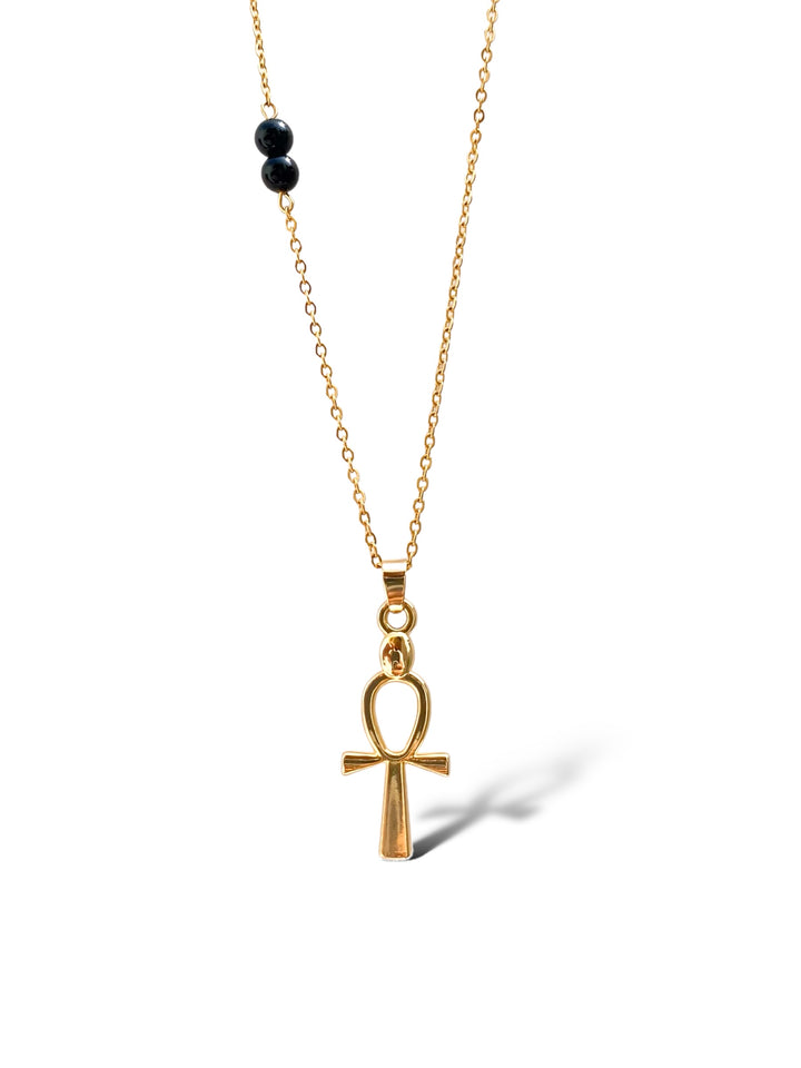 Ankh-Black Stone Necklace, Vermeil Gold