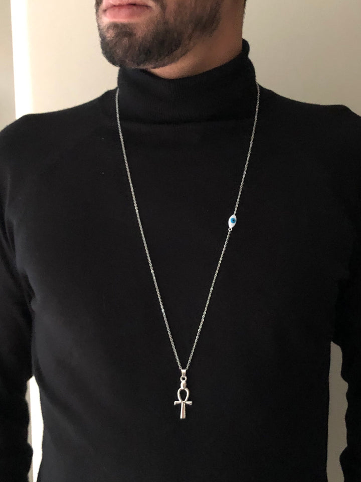 Ankh-Evil Eye Necklace, Silver.