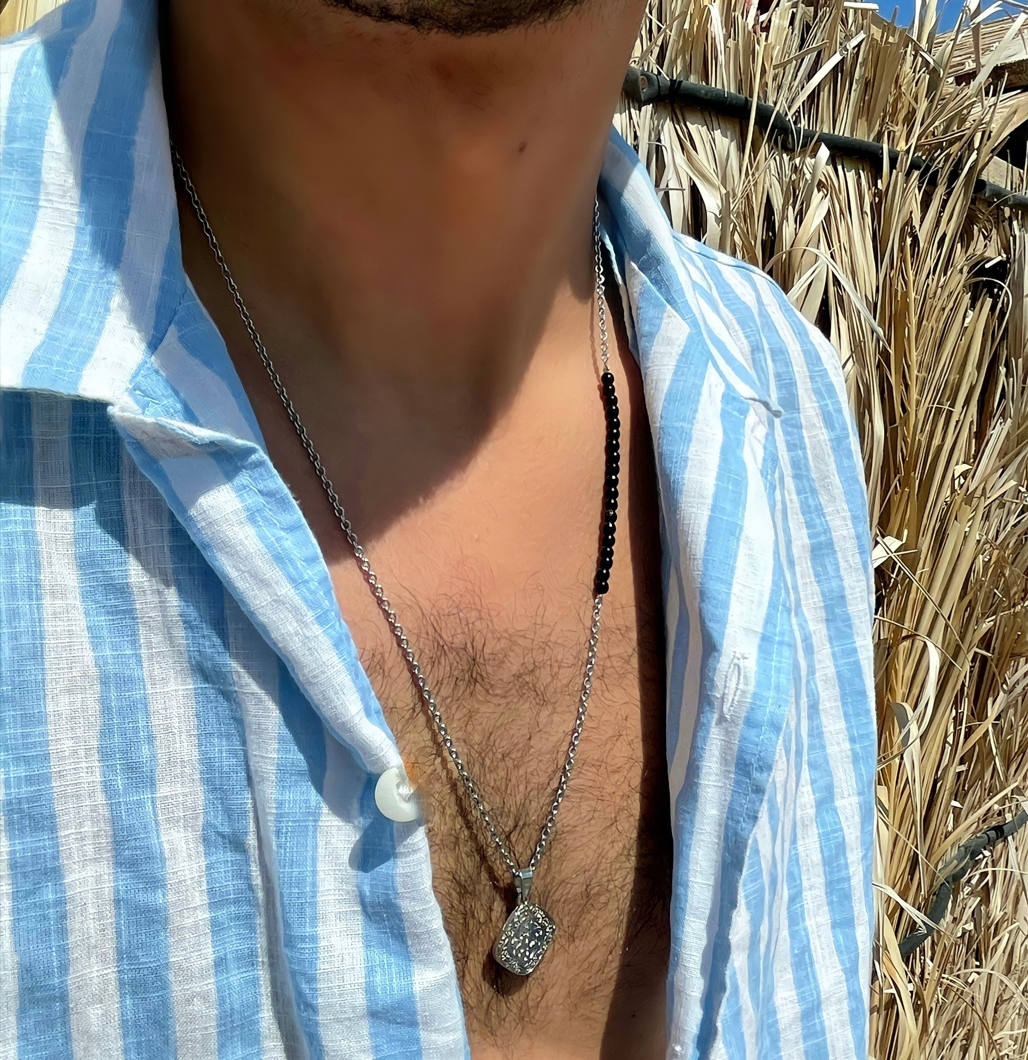 Mandala Necklace-Black Beads, Silver.