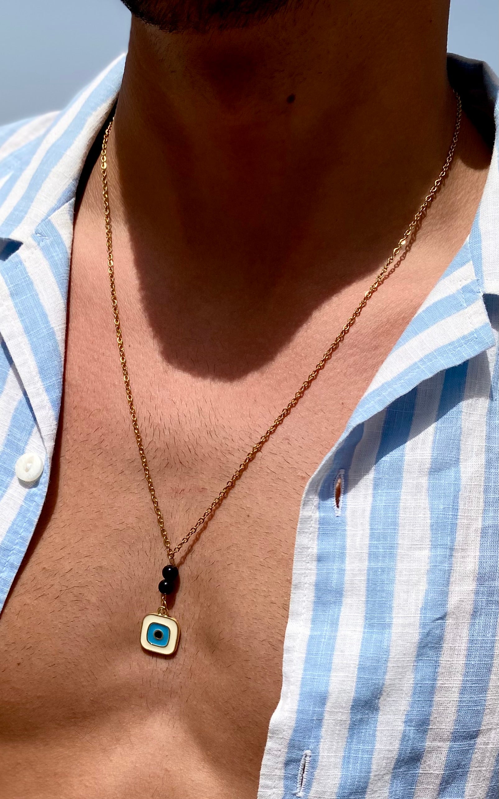 Squared White Evil-Eye Necklace, Vermeil Gold.