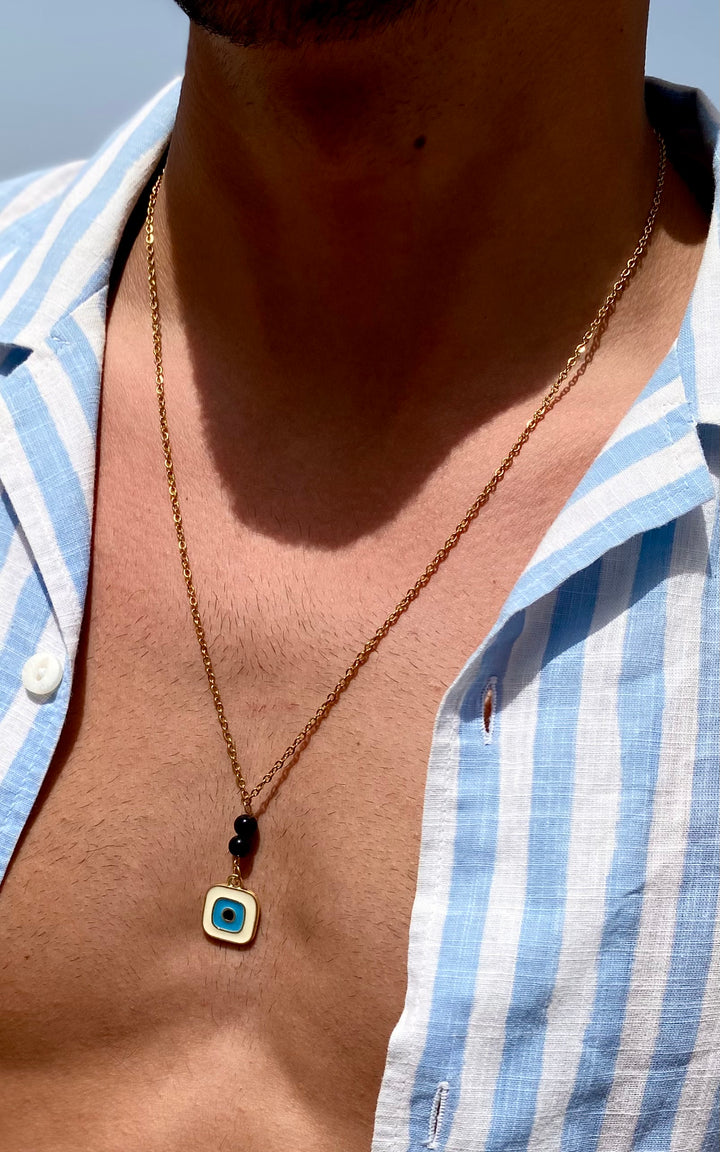 Squared White Evil-Eye Necklace, Vermeil Gold.