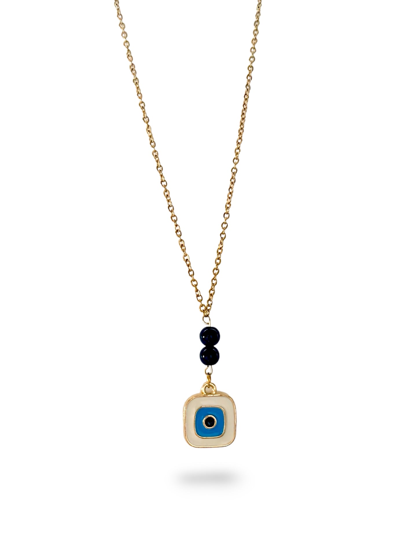 Squared White Evil-Eye Necklace, Vermeil Gold.