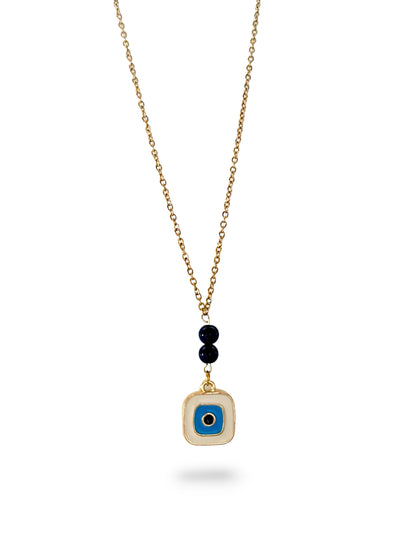 Squared White Evil-Eye Necklace, Vermeil Gold.