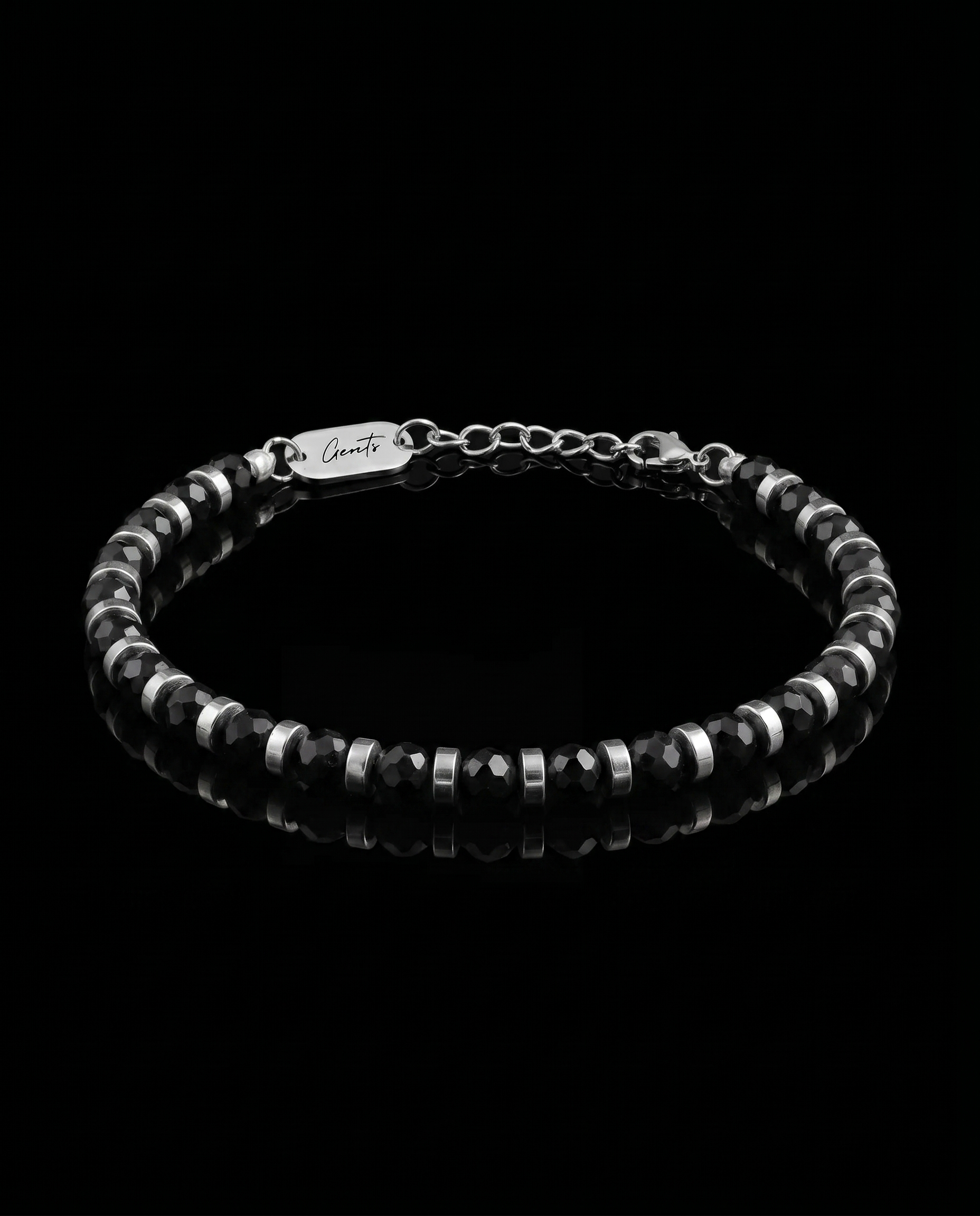 GENTS. Continental Stone Bracelet Black Faceted Stones Silver Hematite Discs 316L Stainless Steel Free Size 17-22cm Cairo Egypt