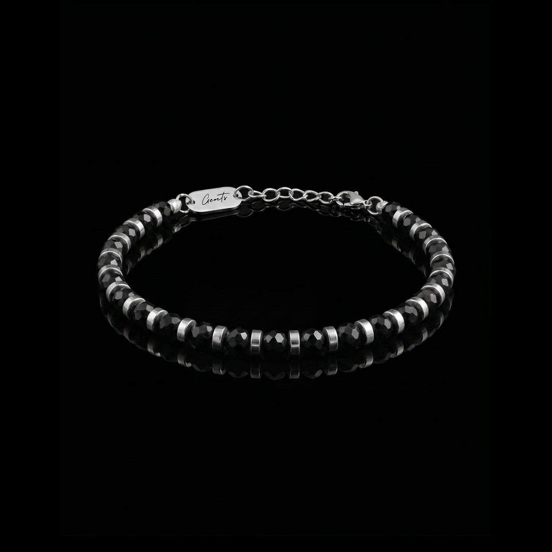 GENTS. Continental Stone Bracelet Black Faceted Stones Silver Hematite Discs 316L Stainless Steel Free Size 17-22cm Cairo Egypt