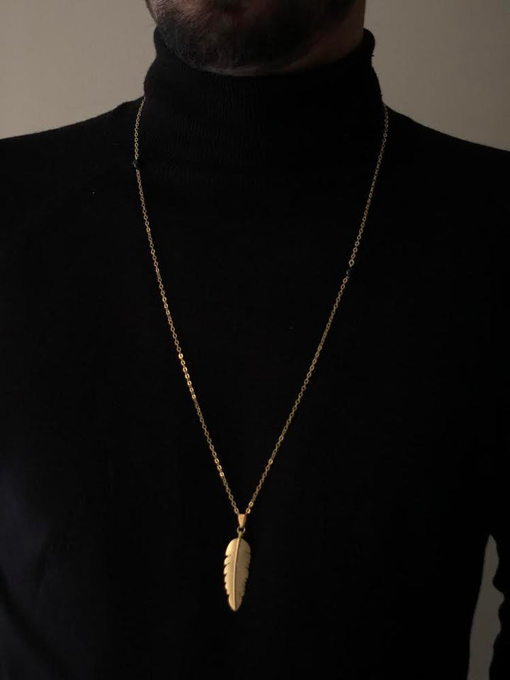 Tree Leaf-Sided Black Stone Necklace, Vermeil Gold