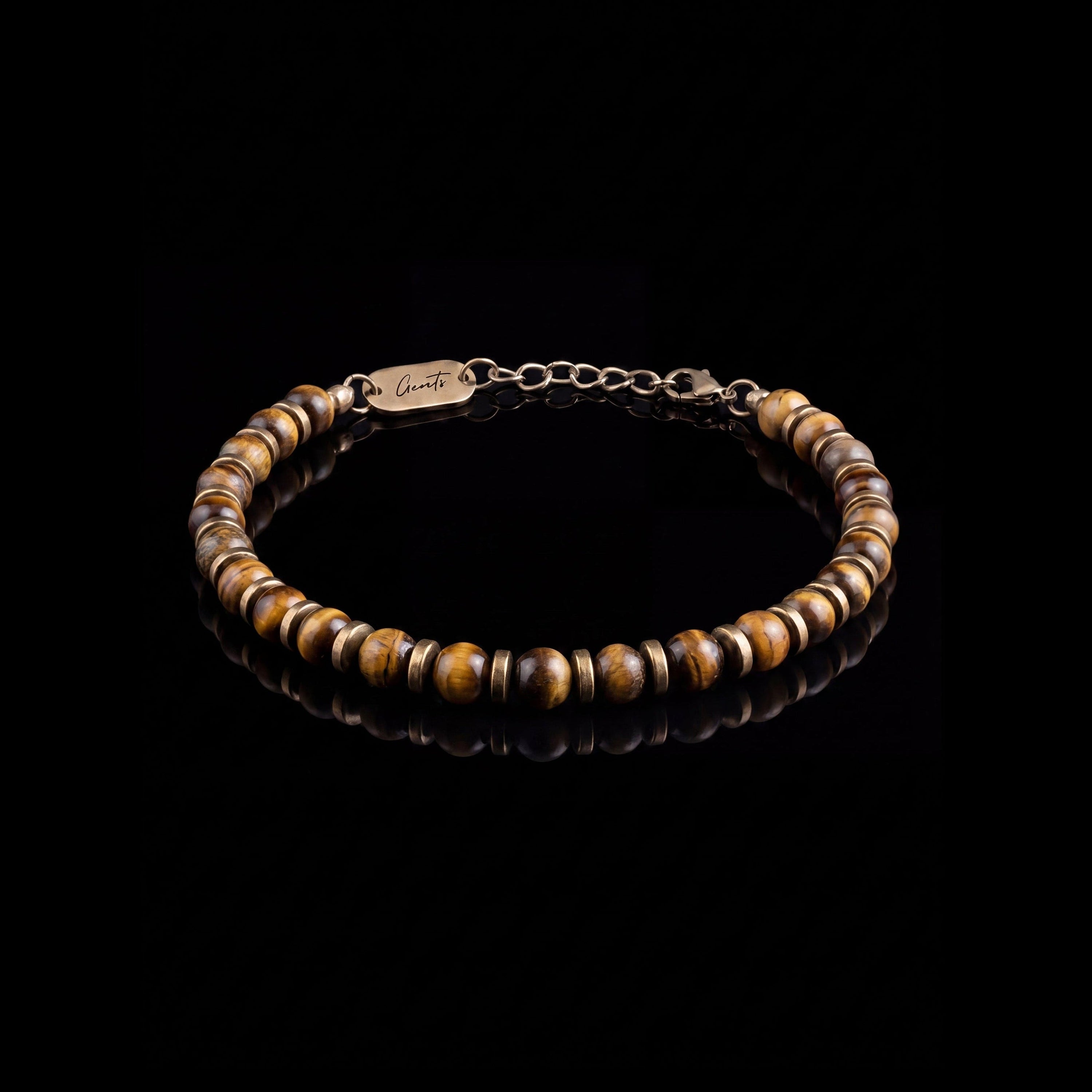 GENTS. Solar Tiger Eye Stone Bracelet 18K Gold Vermeil Natural Tiger Eye 316L Stainless Steel Free Size 17-22cm Cairo Egypt