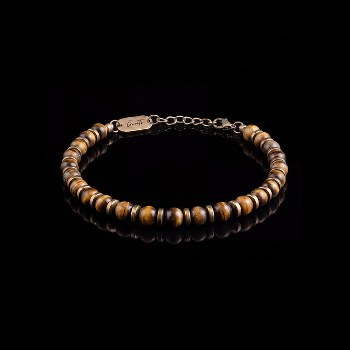 GENTS. Solar Tiger Eye Stone Bracelet 18K Gold Vermeil Natural Tiger Eye 316L Stainless Steel Free Size 17-22cm Cairo Egypt