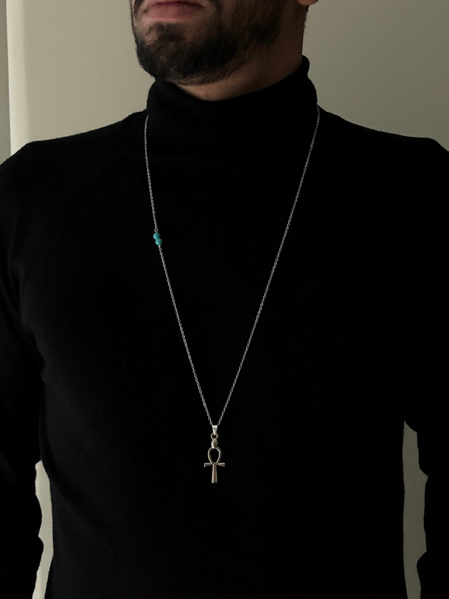 Ankh-Blue Stones Necklace, Sterling Silver