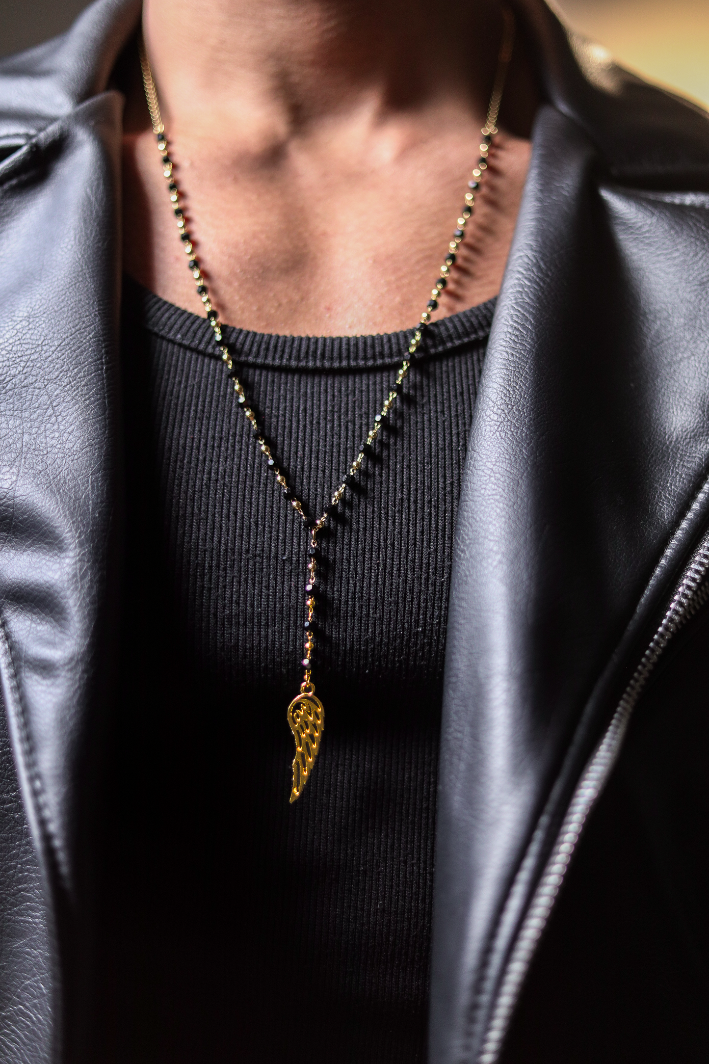 Wing-X Black Striped Necklace, Vermeil Gold
