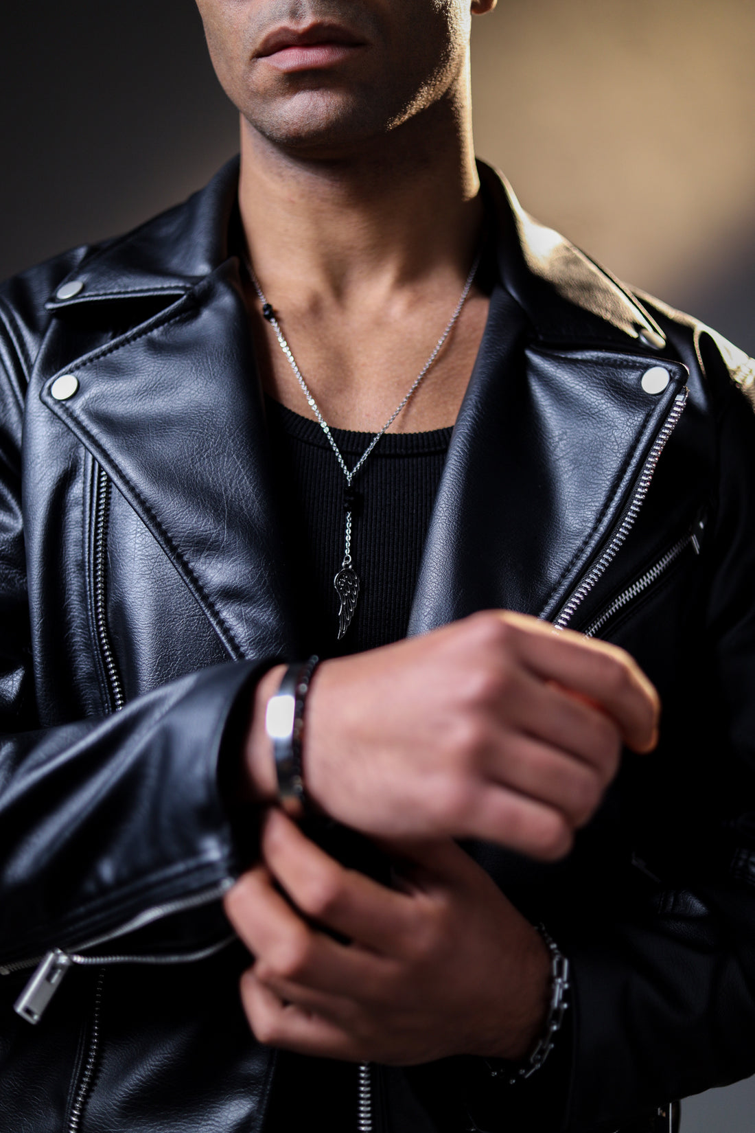GENTS. Wing Crystal Black Pendant Necklace Silver worn neck