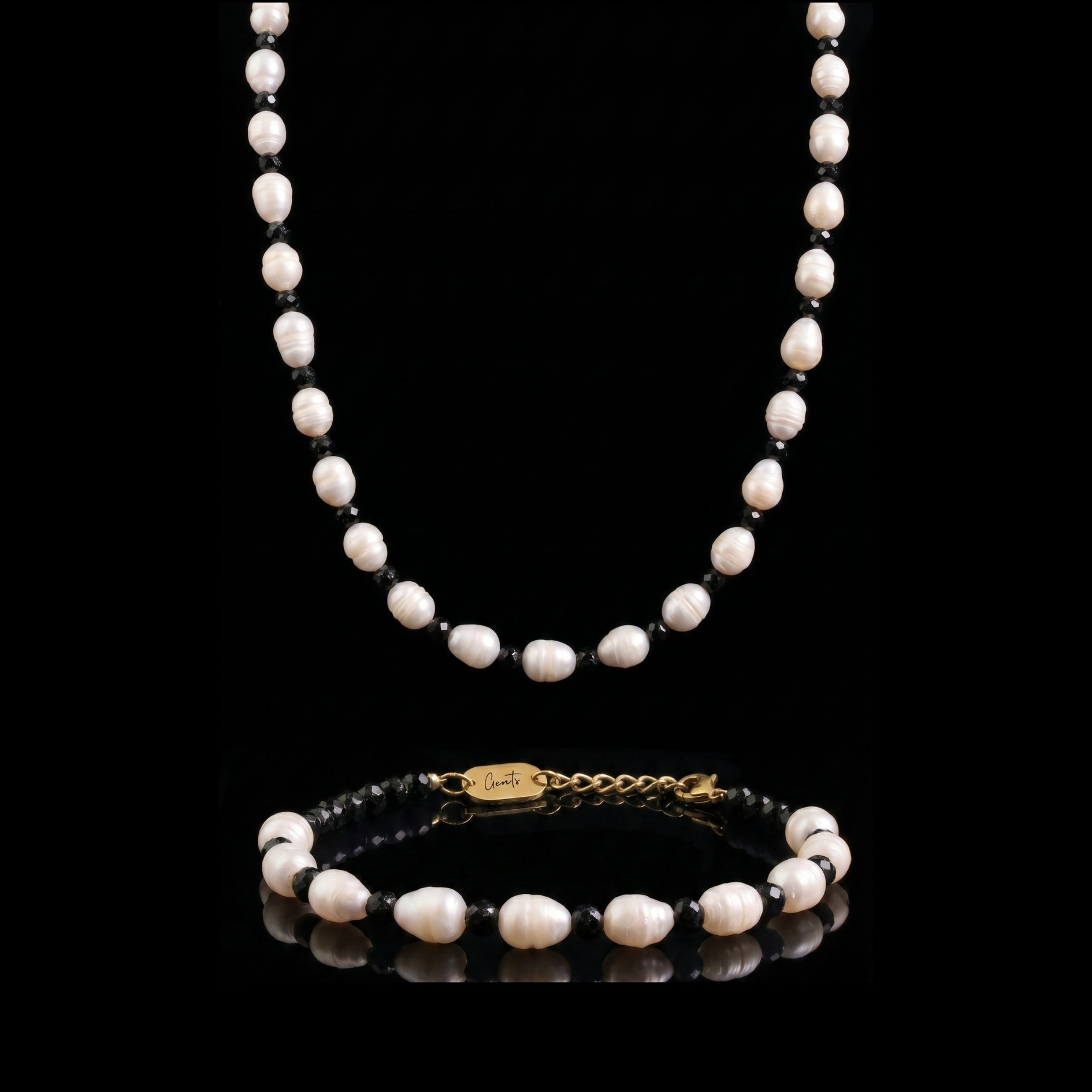 GENTS. Pearl Onyx Stone Set Freshwater Pearl Black Onyx Chain and Bracelet 316L Stainless Steel Cairo Egypt