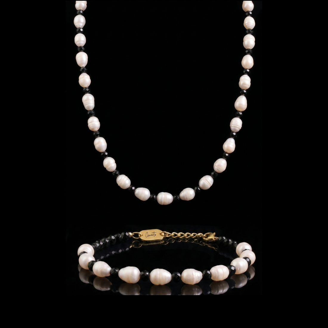 GENTS. Pearl Onyx Stone Set Freshwater Pearl Black Onyx Chain and Bracelet 316L Stainless Steel Cairo Egypt