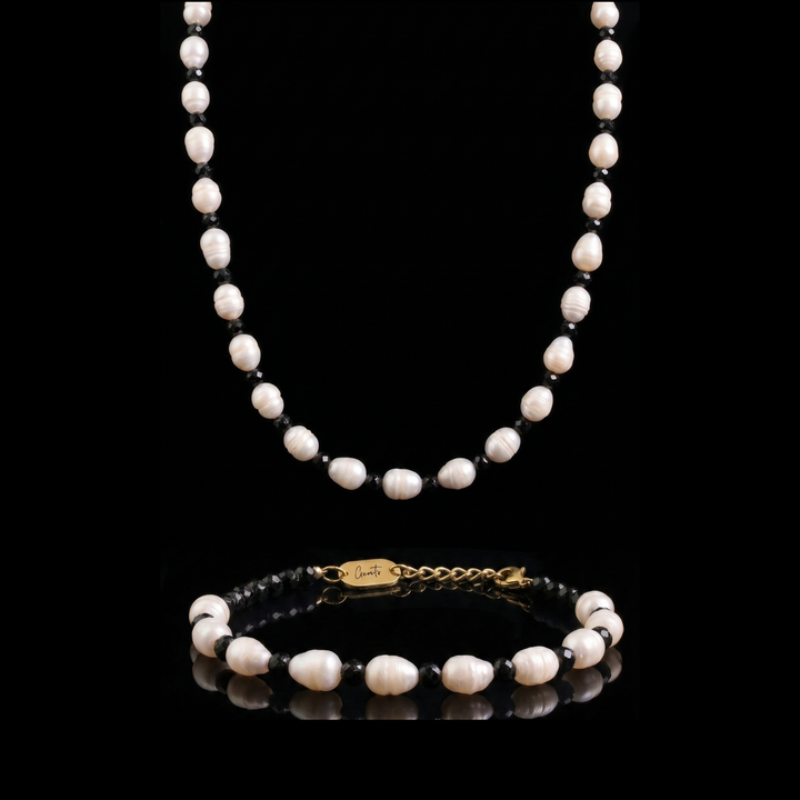 GENTS. Pearl Onyx Stone Set Freshwater Pearl Black Onyx Chain and Bracelet 316L Stainless Steel Cairo Egypt