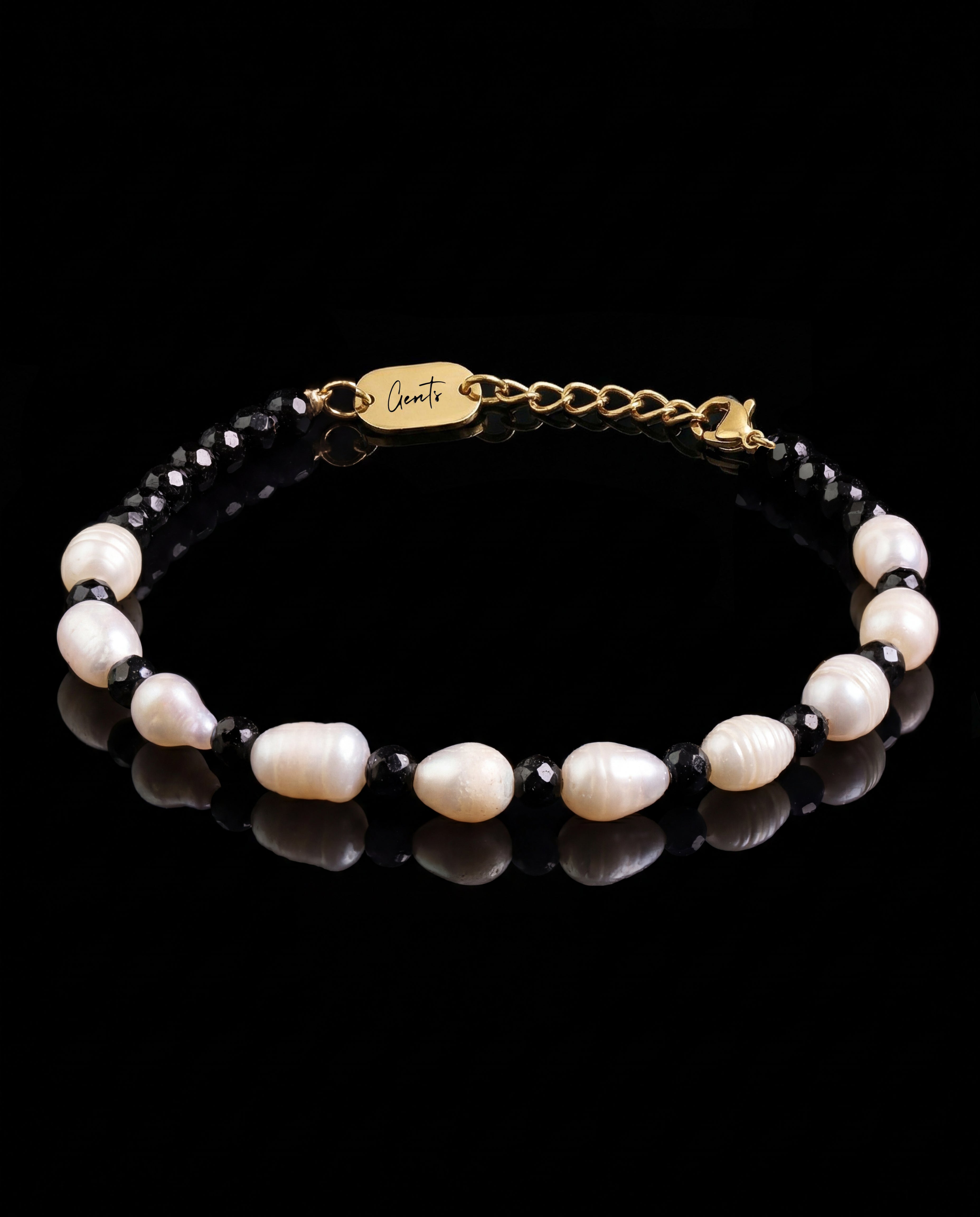 GENTS. Pearl Onyx Stone Bracelet Freshwater Pearl Black Onyx 18K Gold Vermeil 316L Stainless Steel Free Size 17-22cm Cairo Egypt