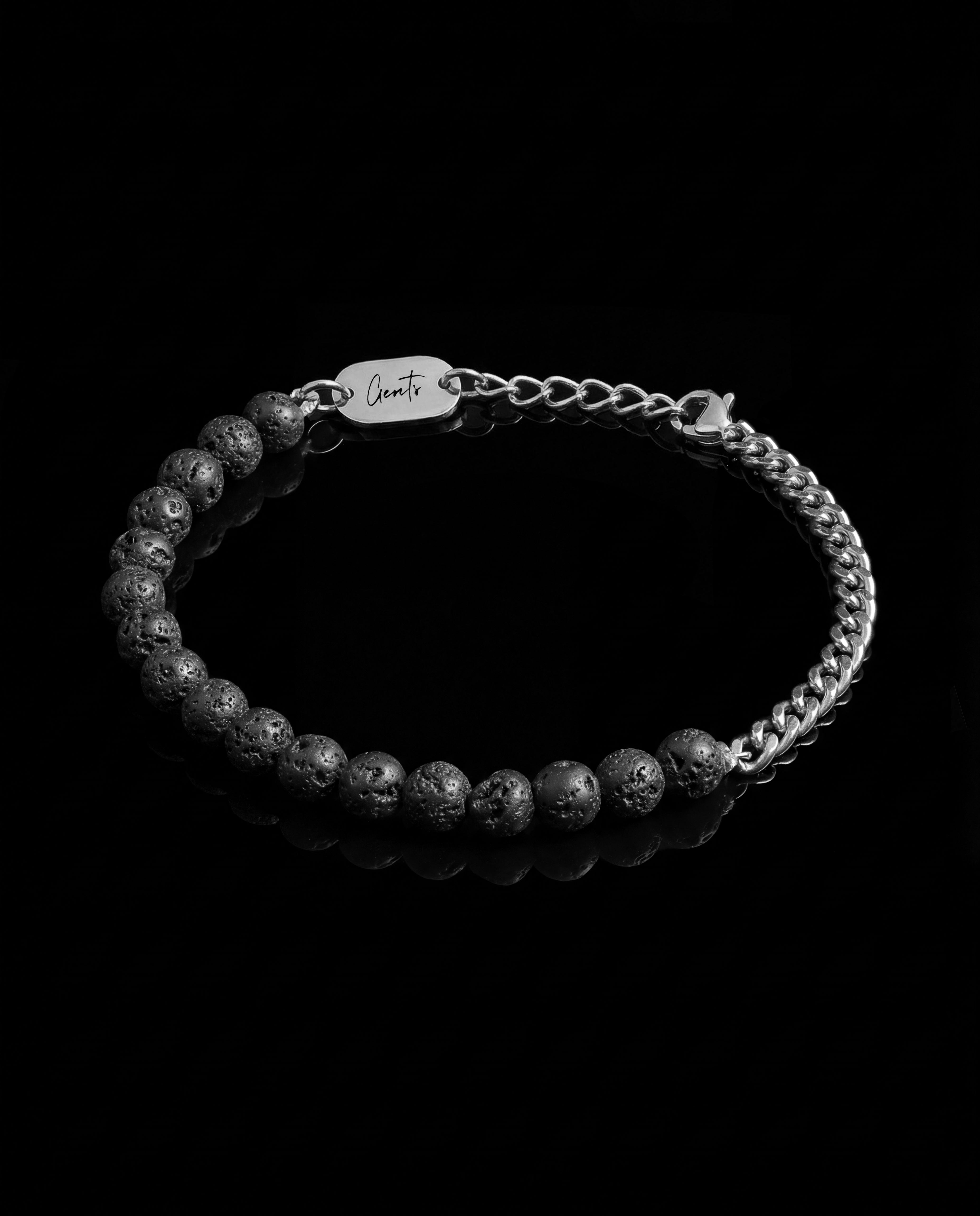 GENTS. Curb Lava Stone Bracelet Silver Natural Lava Stone 316L Stainless Steel Free Size 17-22cm Cairo Egypt