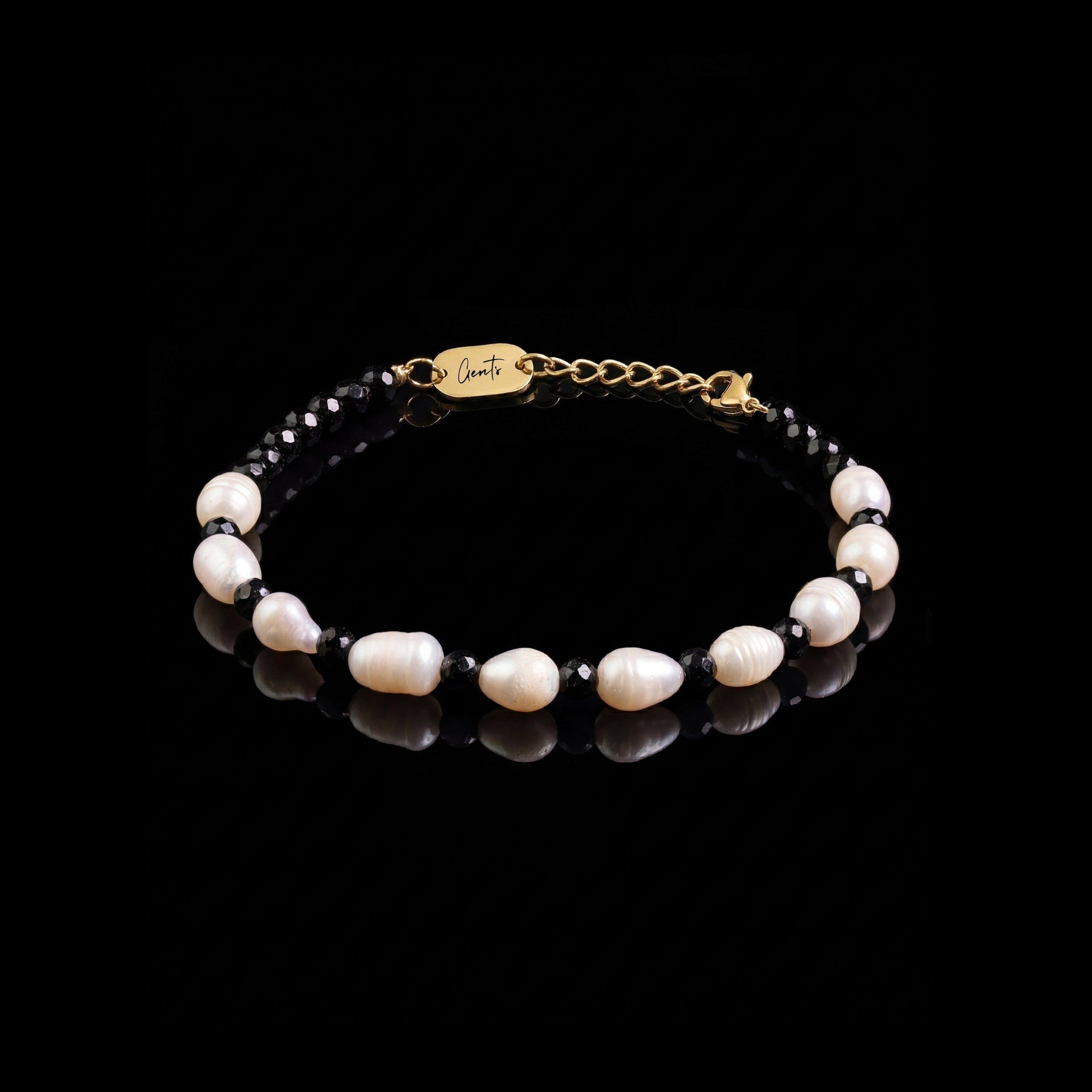 GENTS. Pearl Onyx Stone Bracelet Freshwater Pearl Black Onyx 18K Gold Vermeil 316L Stainless Steel Free Size 17-22cm Cairo Egypt