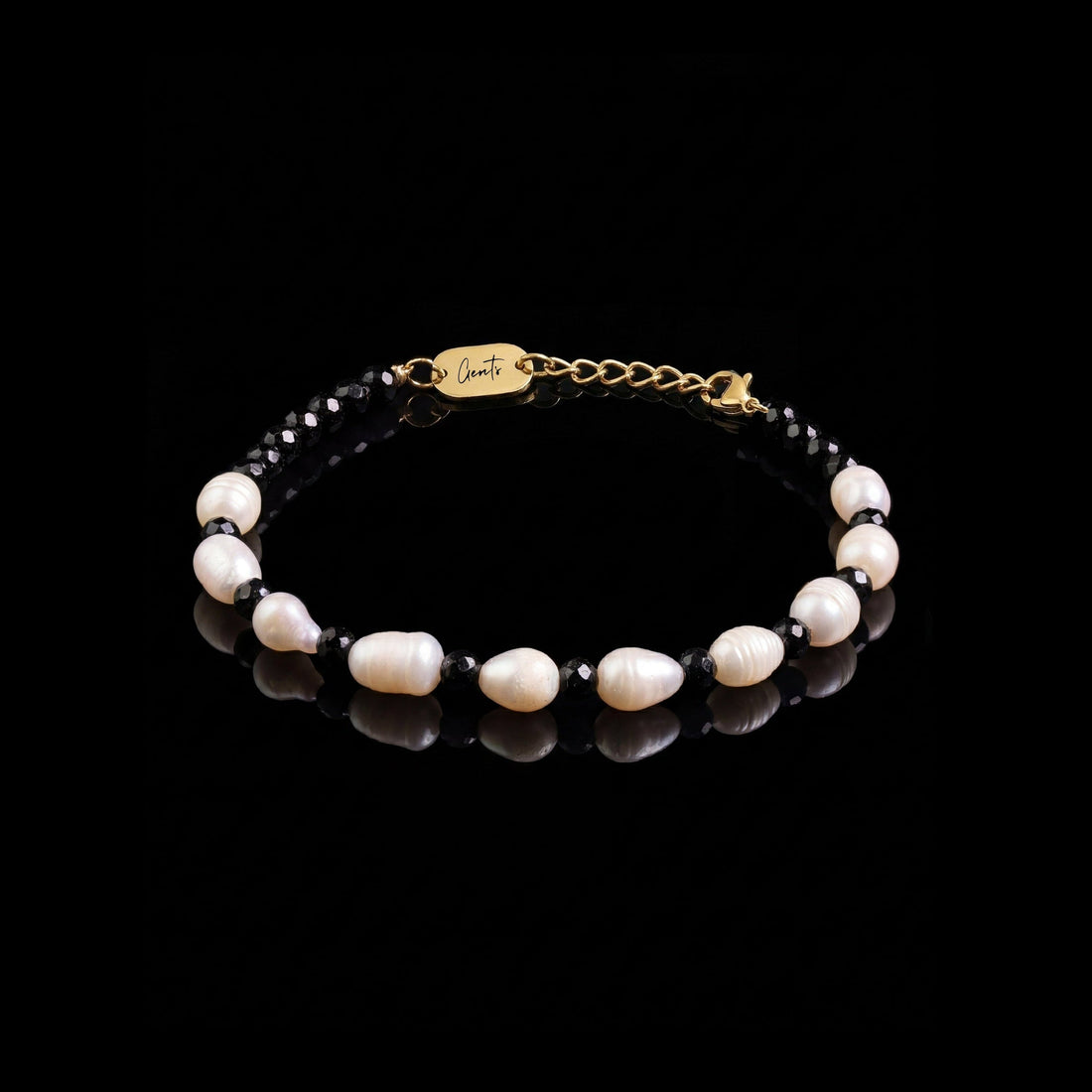 GENTS. Pearl Onyx Stone Bracelet Freshwater Pearl Black Onyx 18K Gold Vermeil 316L Stainless Steel Free Size 17-22cm Cairo Egypt