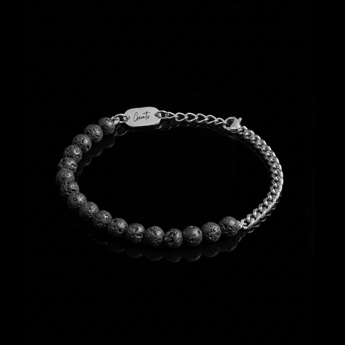GENTS. Curb Lava Stone Bracelet Silver Natural Lava Stone 316L Stainless Steel Free Size 17-22cm Cairo Egypt
