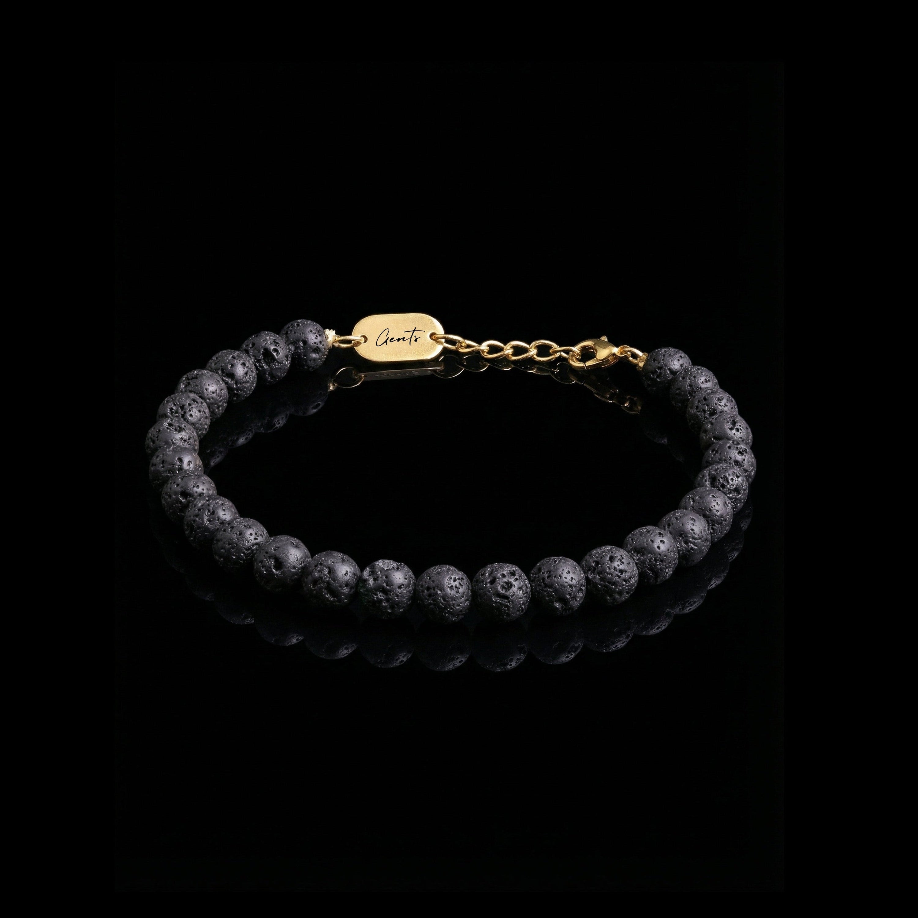 GENTS. Black Volcanic Stone Bracelet Gold Vermeil Natural Lava Stone 316L Stainless Steel Free Size 17-22cm