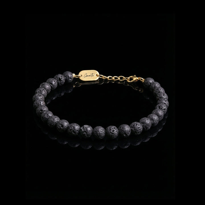 GENTS. Black Volcanic Stone Bracelet Gold Vermeil Natural Lava Stone 316L Stainless Steel Free Size 17-22cm