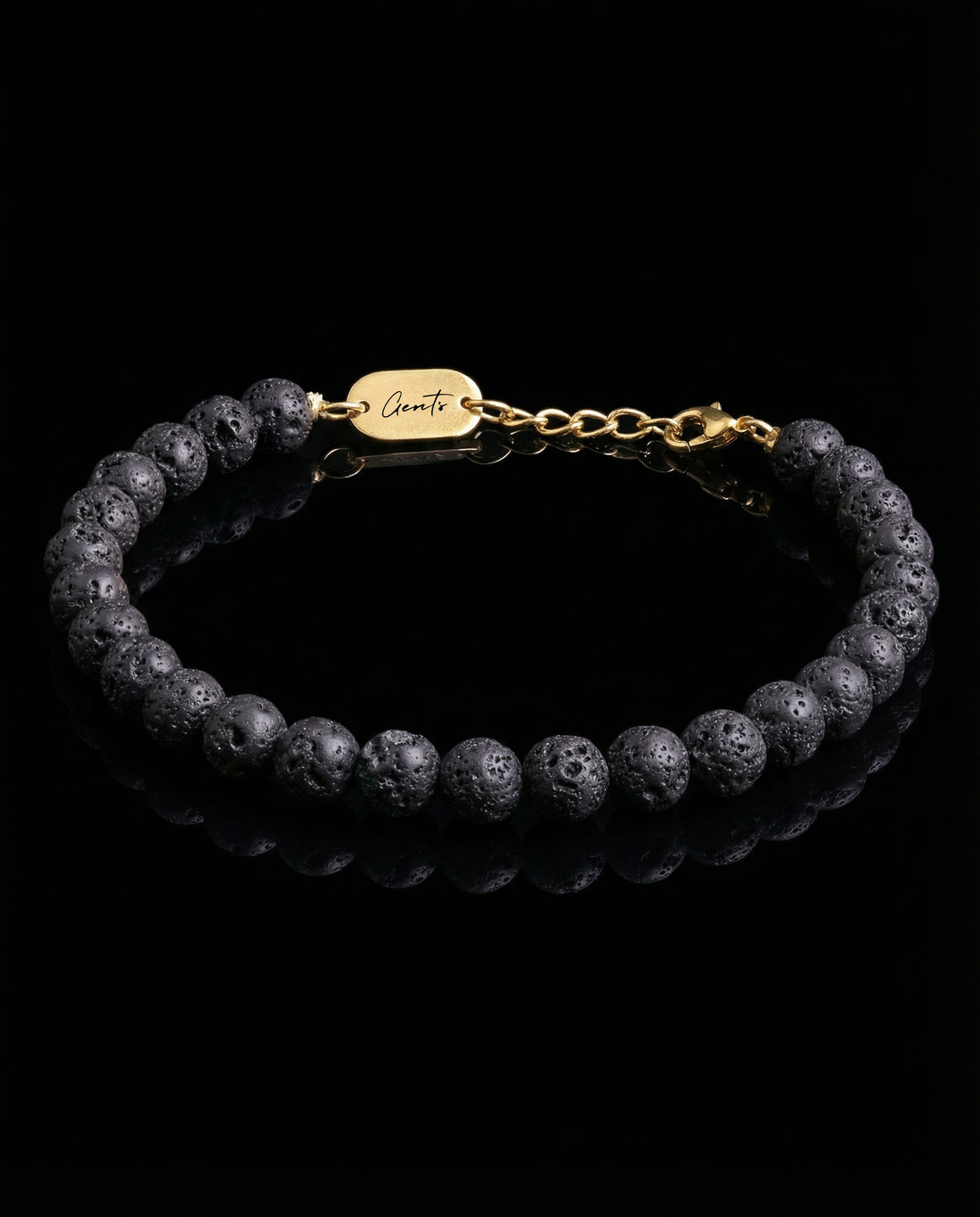 GENTS. Black Volcanic Stone Bracelet Gold Vermeil Natural Lava Stone 316L Stainless Steel Free Size 17-22cm