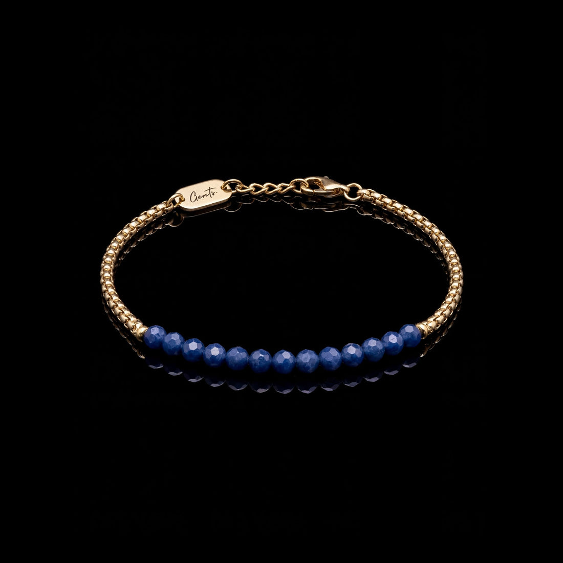 GENTS. Blue Black Crystal Box Bracelet Gold Vermeil 18K 316L Stainless Steel Free Size 17-22cm