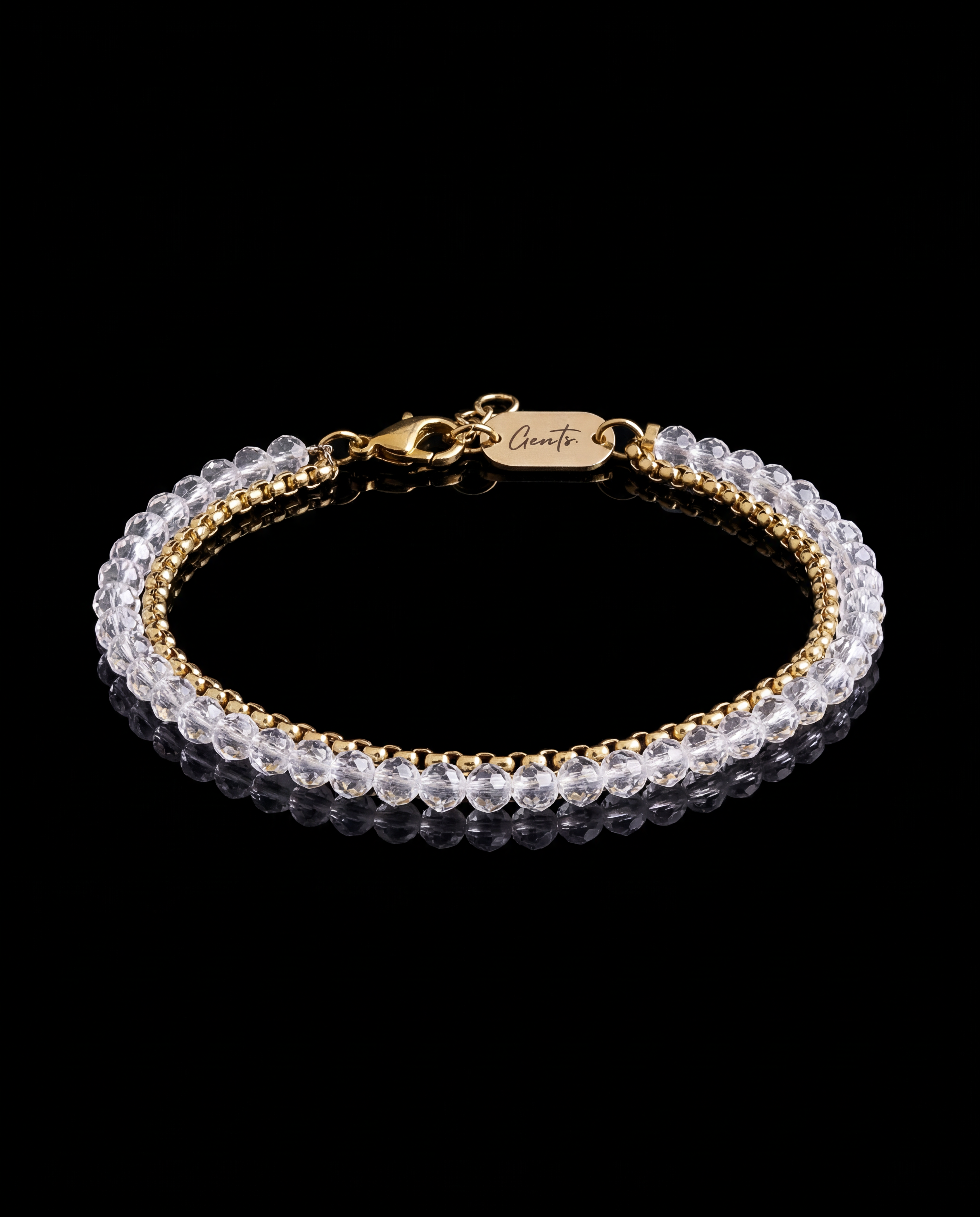 GENTS. Clear Crystal Double Box Bracelet Gold Vermeil 18K 316L Stainless Steel Free Size 17-22cm