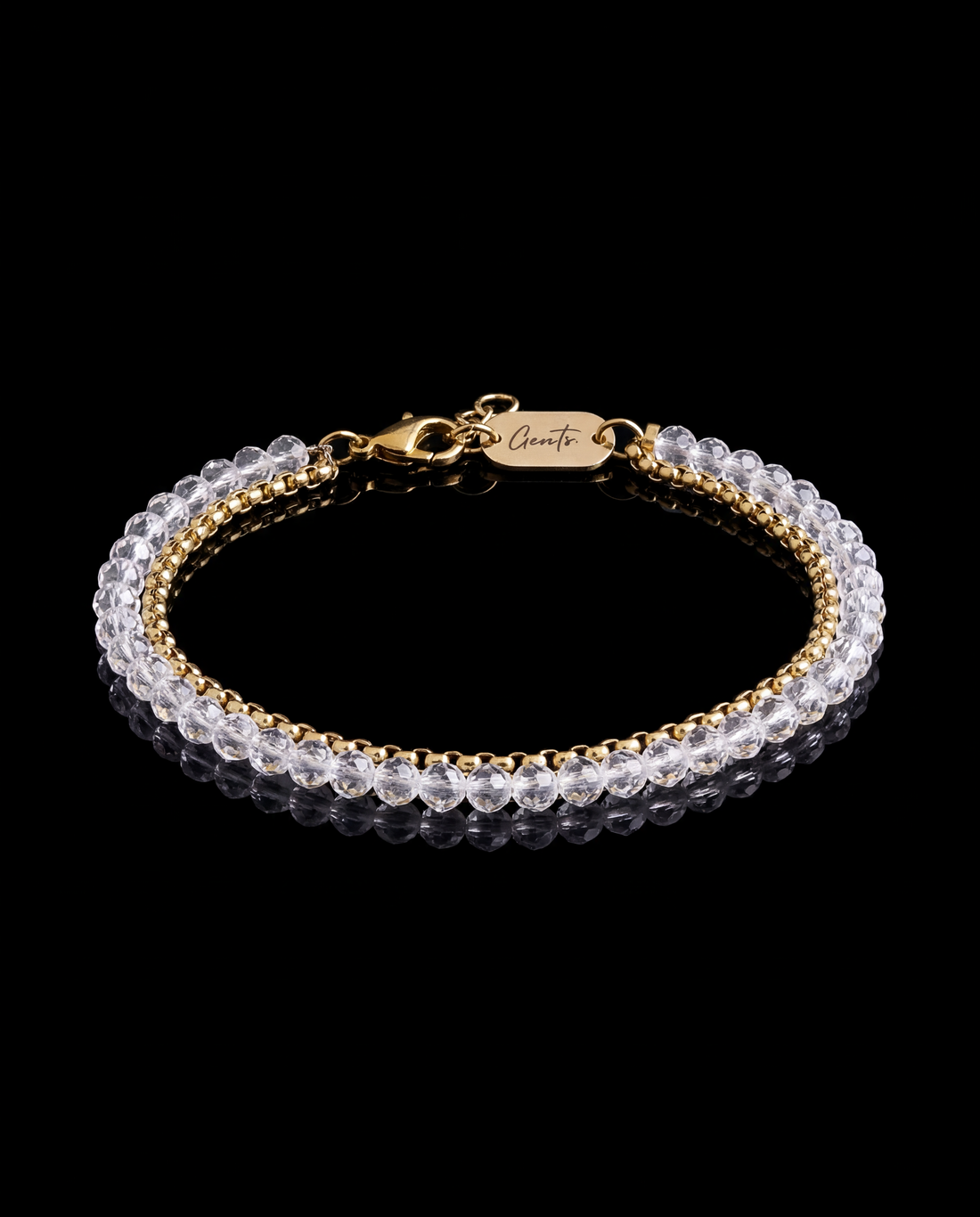 GENTS. Clear Crystal Double Box Bracelet Gold Vermeil 18K 316L Stainless Steel Free Size 17-22cm