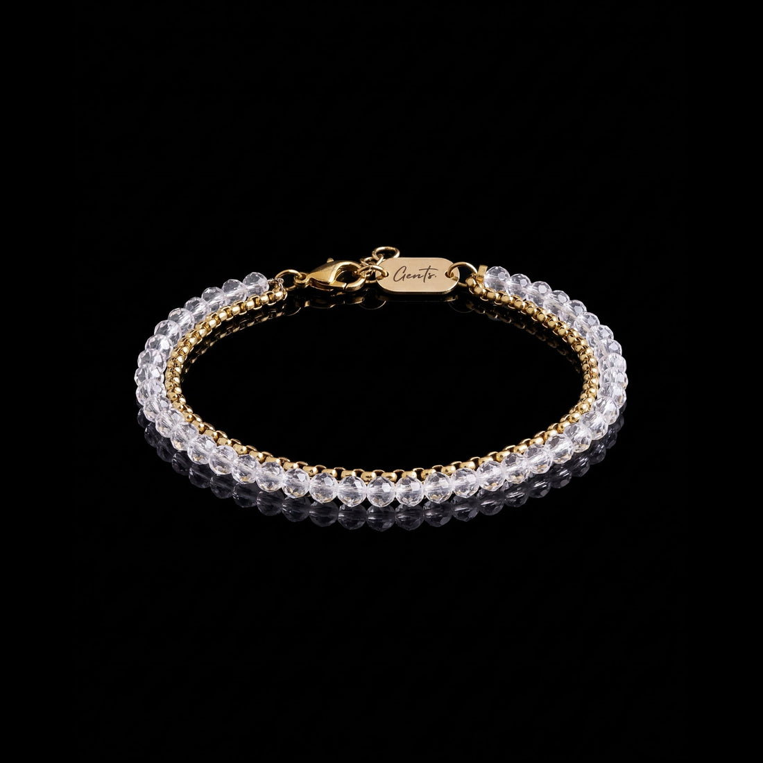 GENTS. Clear Crystal Double Box Bracelet Gold Vermeil 18K 316L Stainless Steel Free Size 17-22cm