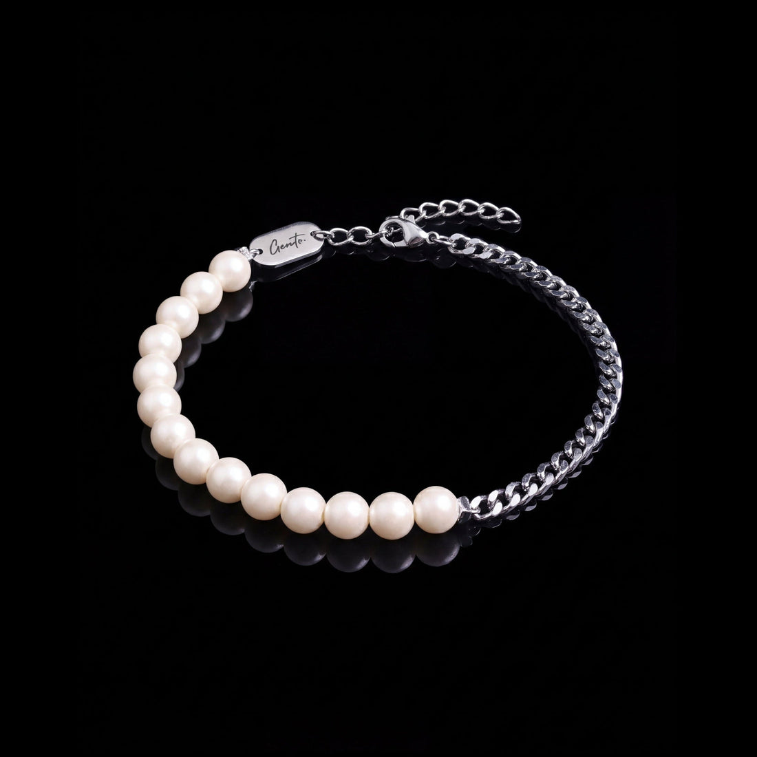 GENTS. Curb Pearl Bracelet Silver Fresh Pearl 316L Stainless Steel Free Size 17-22cm