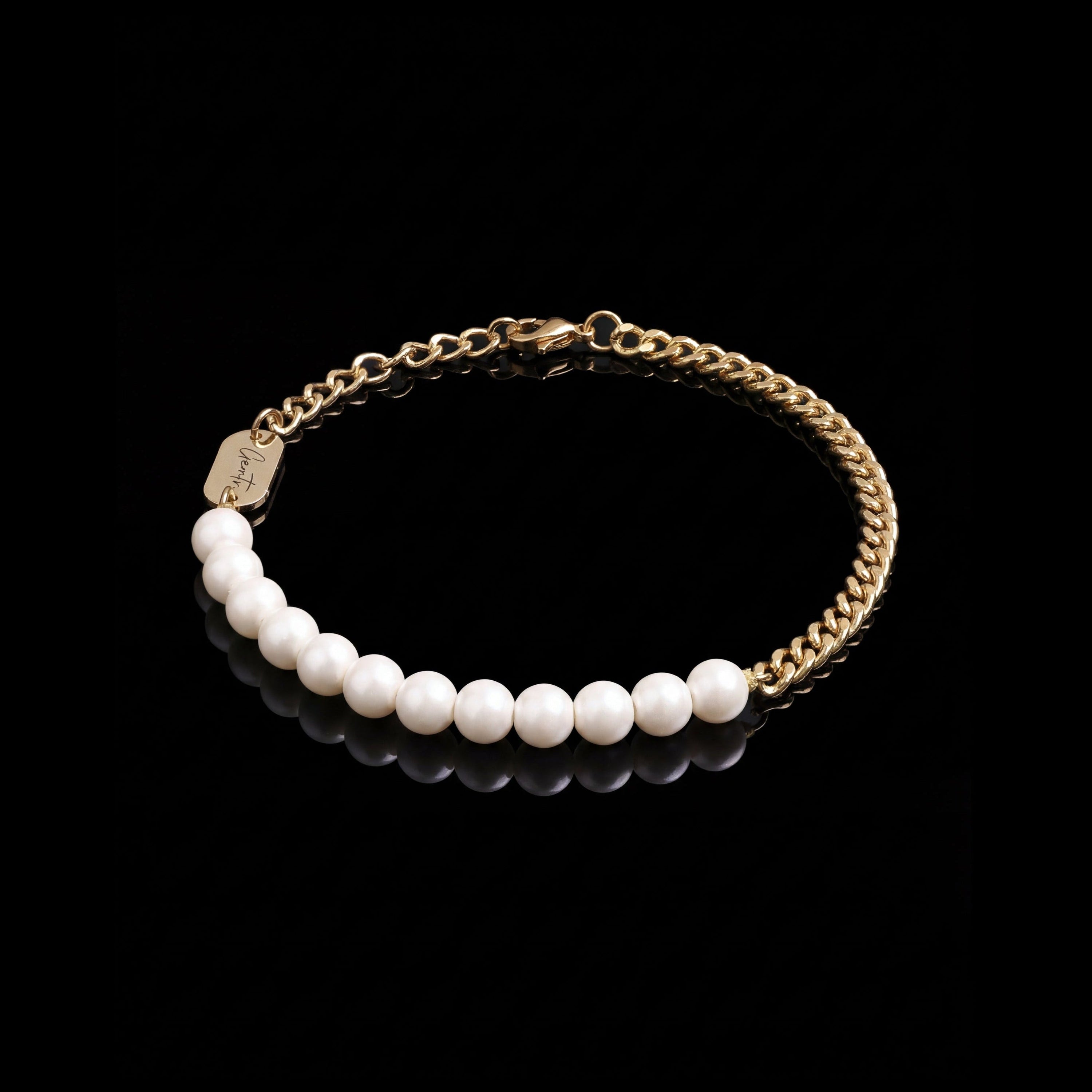 GENTS. Curb Pearl Bracelet Gold Vermeil 18K Fresh Pearl 316L Stainless Steel Free Size 17-22cm