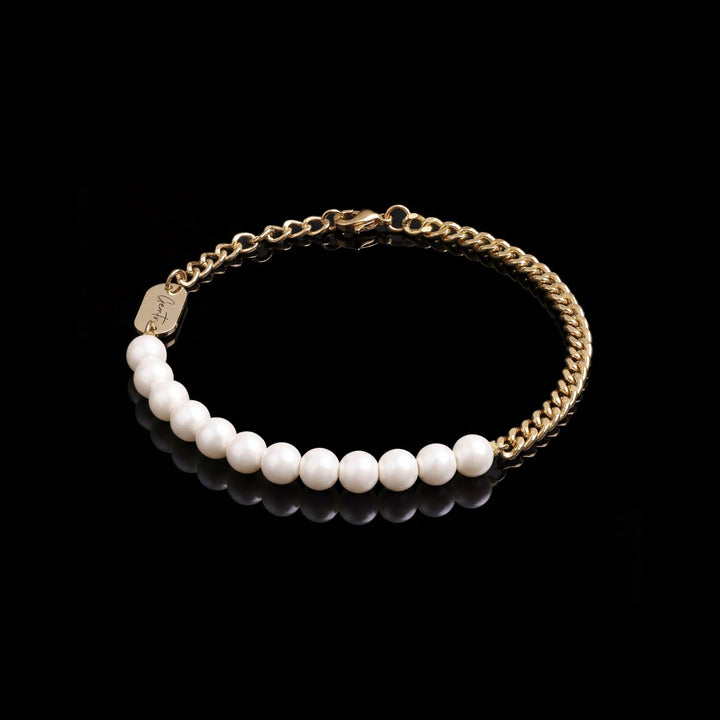 GENTS. Curb Pearl Bracelet Gold Vermeil 18K Fresh Pearl 316L Stainless Steel Free Size 17-22cm