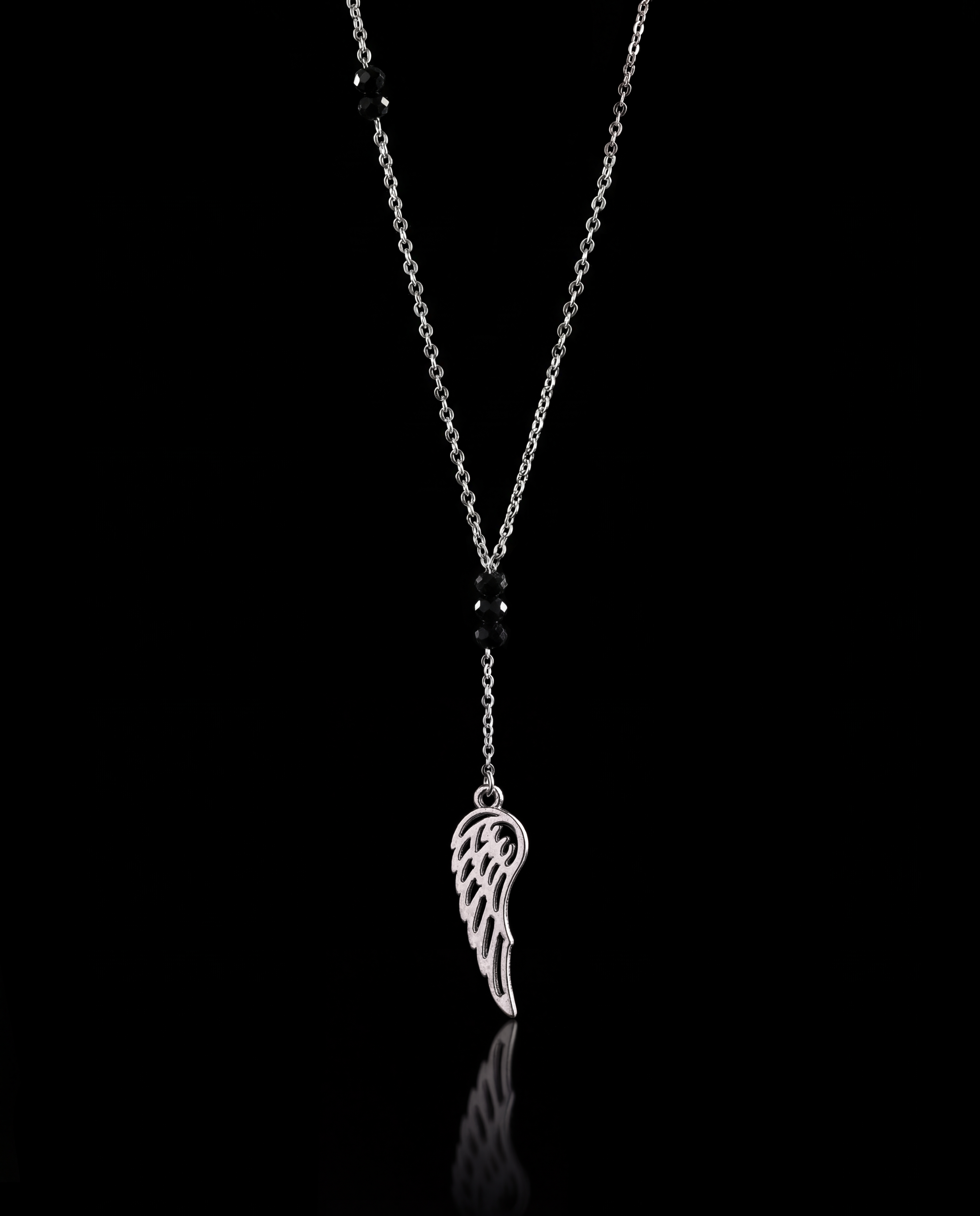 GENTS. Wing Crystal Black Pendant Necklace Silver 316L Stainless Steel 60cm Cairo Egypt