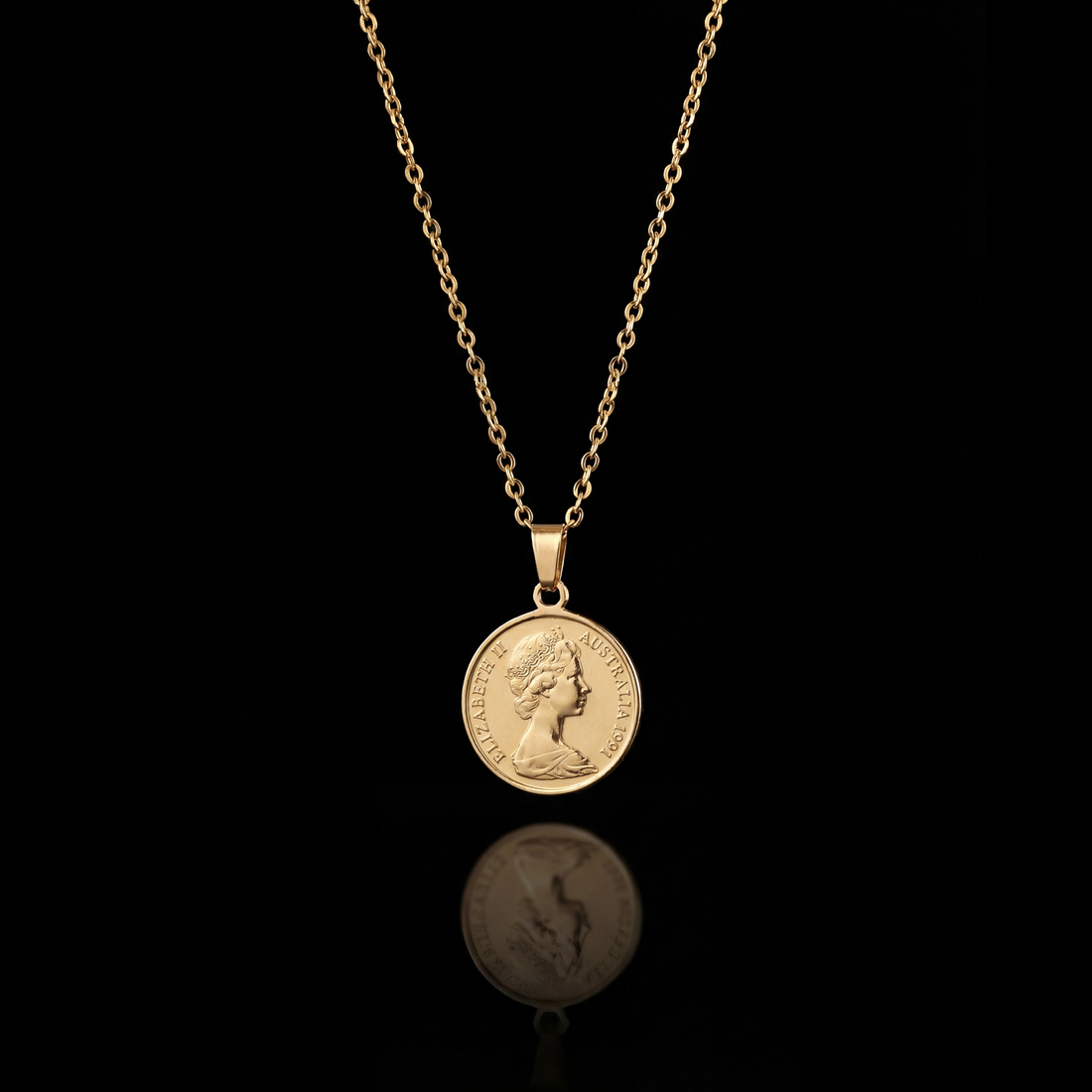 GENTS. Elizabeth Coin Pendant Necklace Gold Vermeil 18K 316L Stainless Steel 50cm Cairo Egypt
