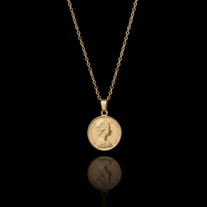 GENTS. Elizabeth Coin Pendant Necklace Gold Vermeil 18K 316L Stainless Steel 50cm Cairo Egypt